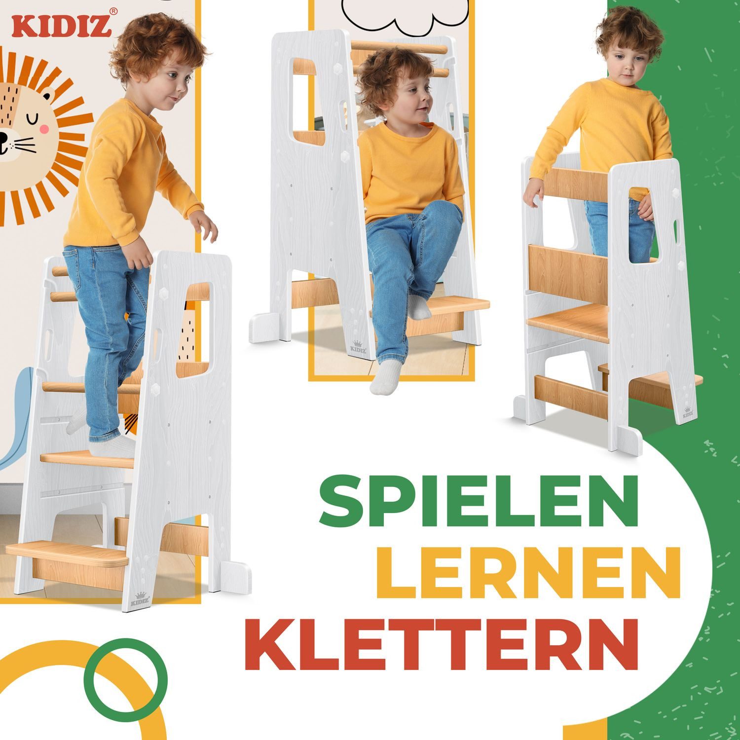 KIDIZ Stehhilfe Montessori Lernturm aus Kiefernholz ab 1 Jahr & bis 50 kg belastbar (Tritthocker inklusive Lernuhr & abnehmbarer Anti-Kipp-Schutz), 3-stufig Höhenverstellbar, spielerisch motorische Fähigkeiten fördern