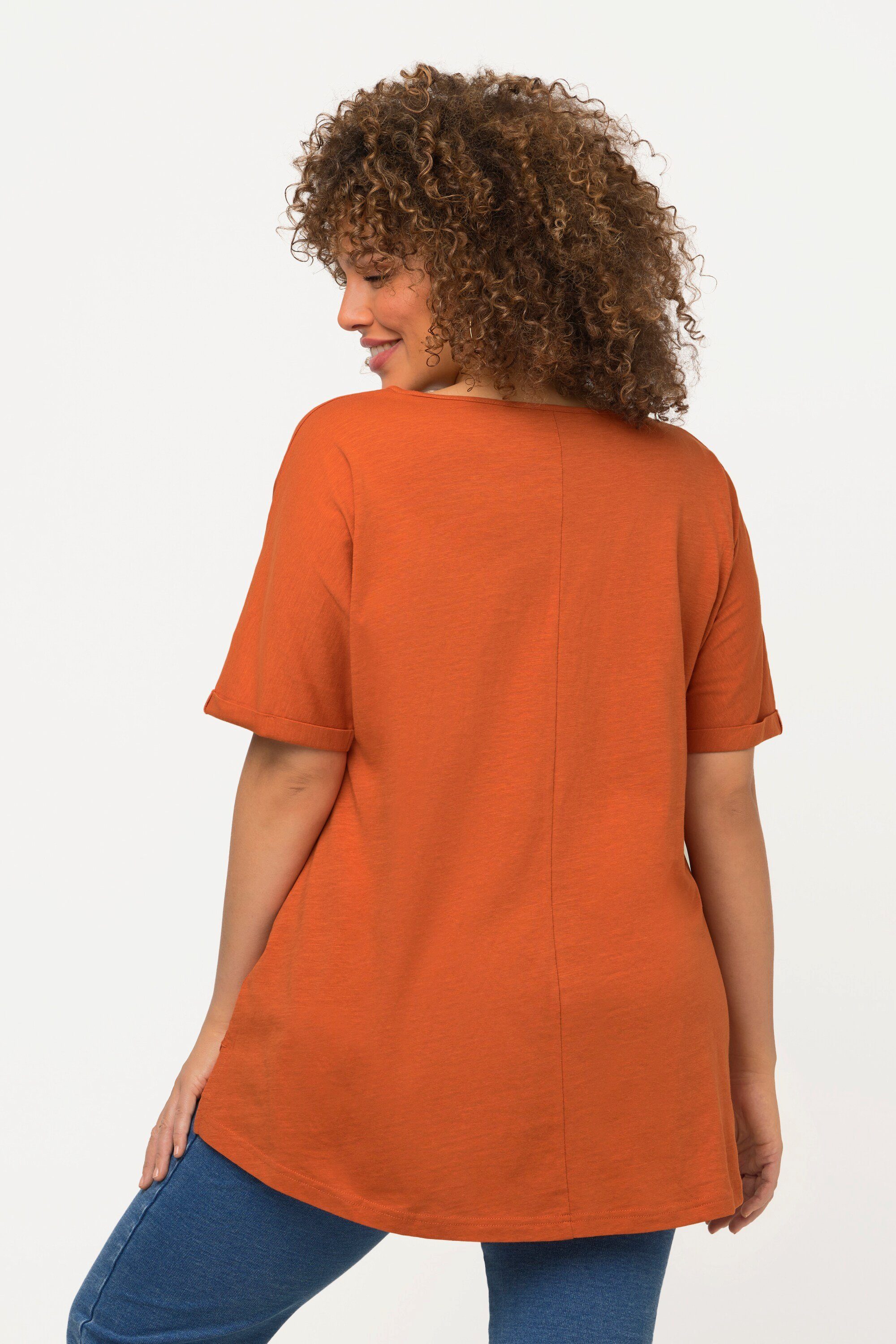 Rundhalsshirt Popken Ulla Oversized V-Ausschnitt Metallic-Druck orange T-Shirt