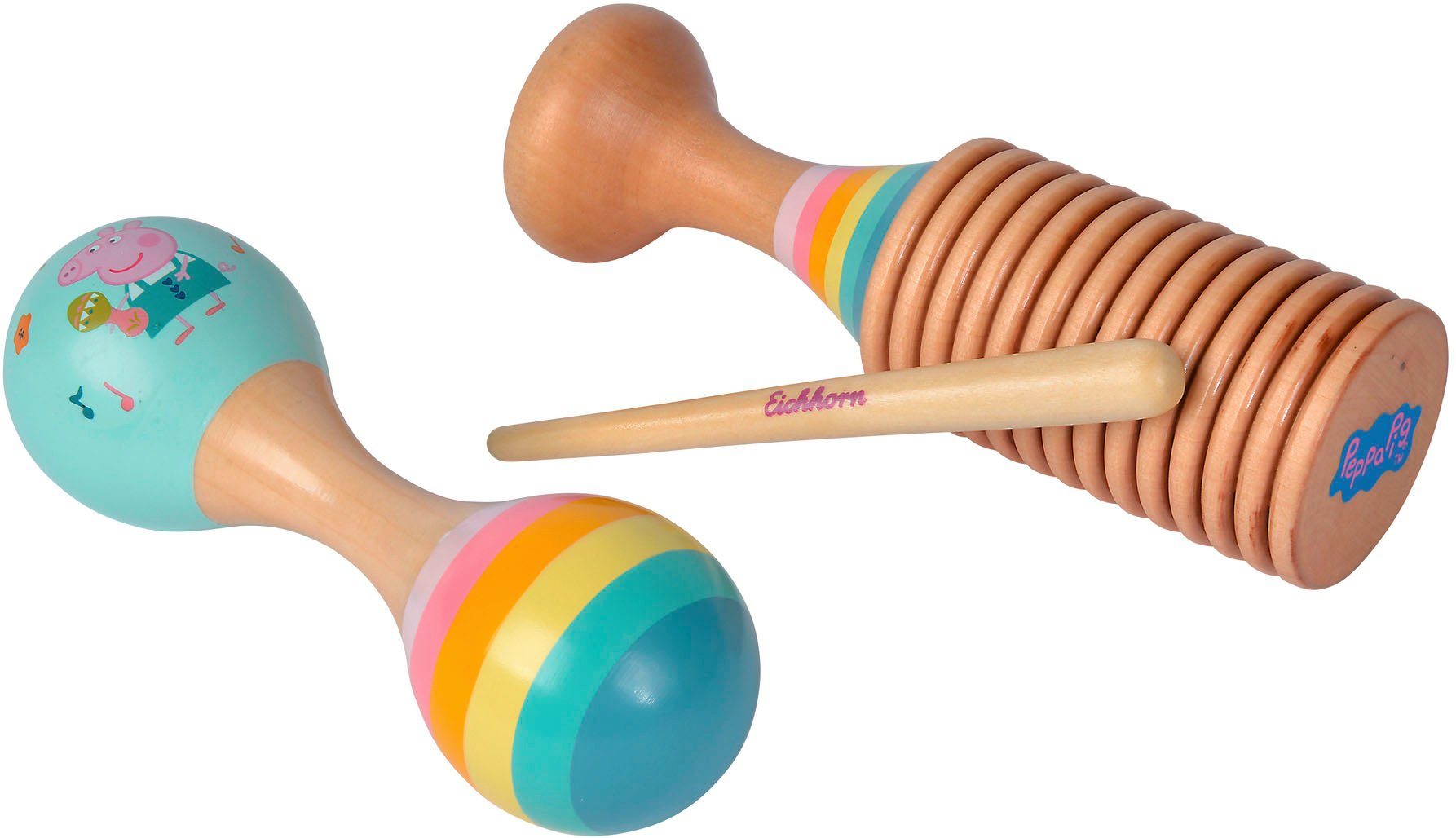 Set Pig Maraca Ratsche Eichhorn Holzspielzeug, Peppa und Spielzeug-Musikinstrument