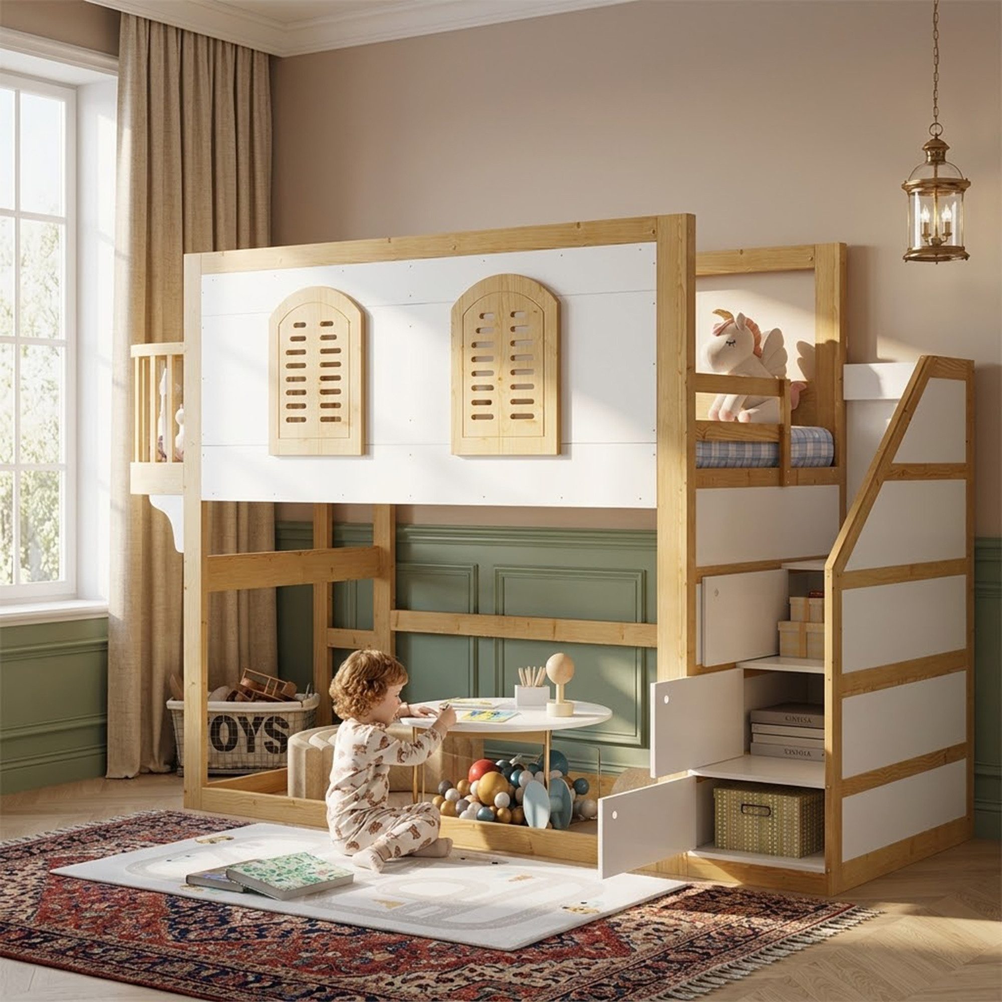 Odikalo Hochbett Kinderbett Einzelbett Holzbett 90×200 mit Stauraum (Massivholz mit Treppenschrank Spielfläche & Fensterdesign stabiler Lattenrost Kiefer+MDF+Sperrholz Weiß+Natur)