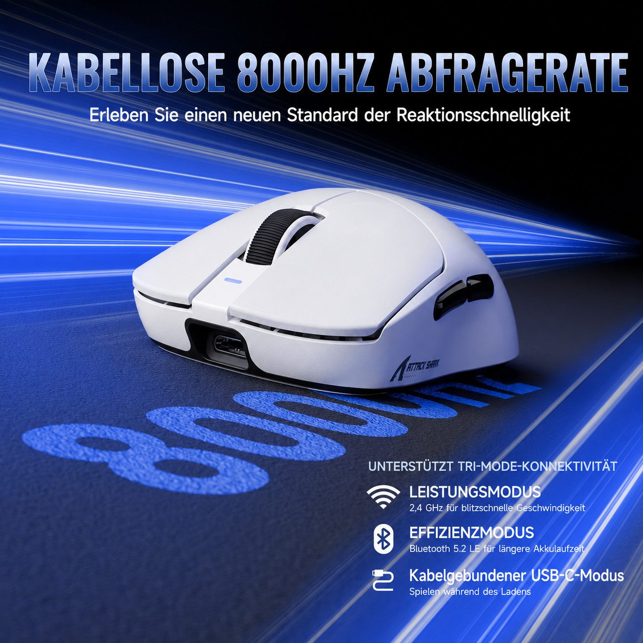 ATTACK SHARK X8ULTRA 8KHz Drahtlose Gaming-Maus,Nordic 52840,PAW3950MAX,42KDPI Gaming-Maus (Bluetooth, 2.4G, USB-C, 750 IPS und 50g Beschleunigung) – Bild 4 von 5