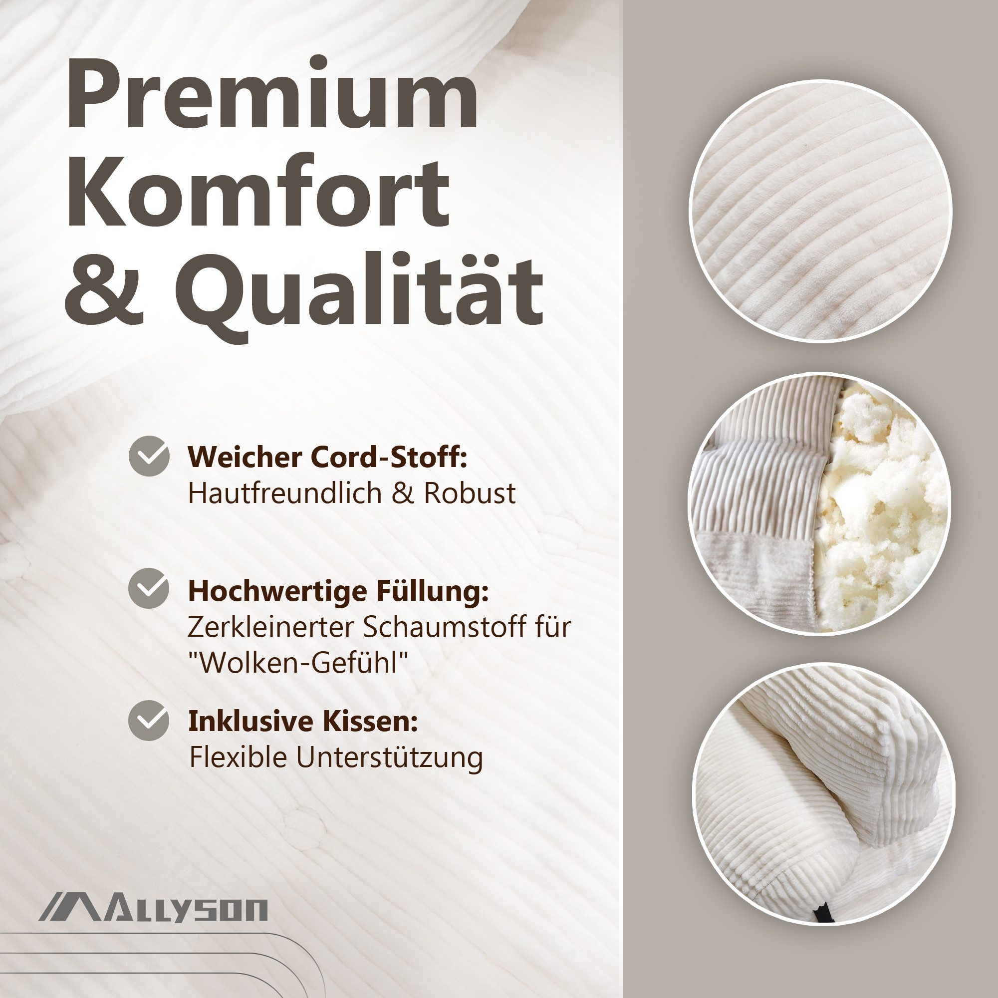 Allyson Schlafsofa Faltbarer Schlafsessel, Klappsessel 3 in 1 Bodensofa mit Rückenstütze, Weicher Cord-Bezug, ergonomische Kissen & bequeme Schaumstoff-Füllung.