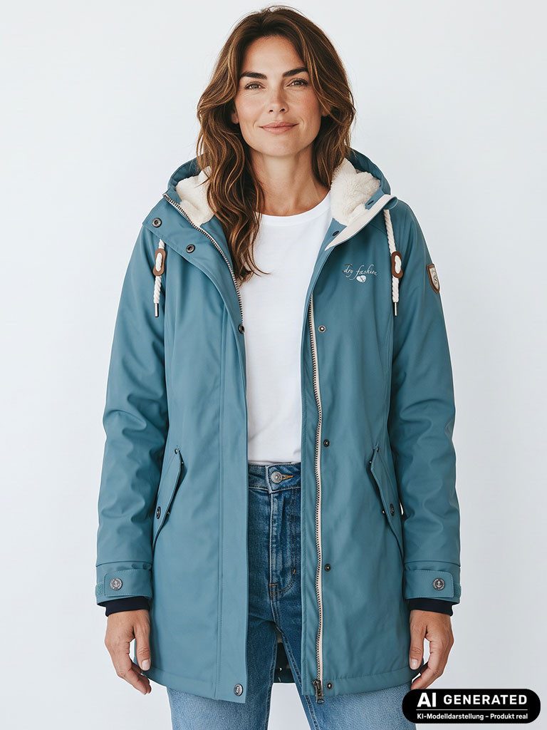 Dry Fashion Regenmantel Malmö Damen Regenjacke Teddy-Fleece-Futter - Outdoor-Jacke Wasserdicht Winddicht, Verschweißte Nähte, 2-Wege-Reißverschluss abgedeckt, Kapuze