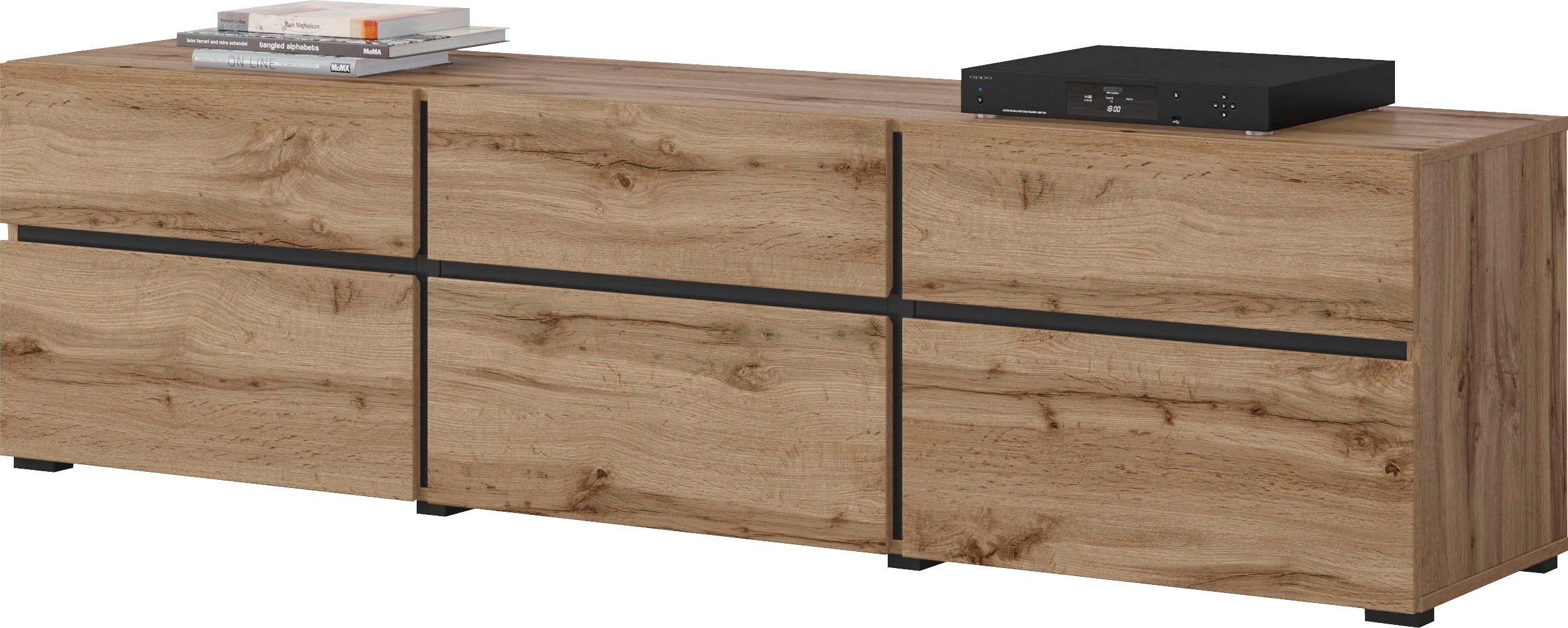 OTTO home Lowboard Cross, moderne grifflose TV-Kommode,3 Klappen/3 Schubkästen, Breite 180 cm, TV-Schrank mit viel Stauraum, TV-Board