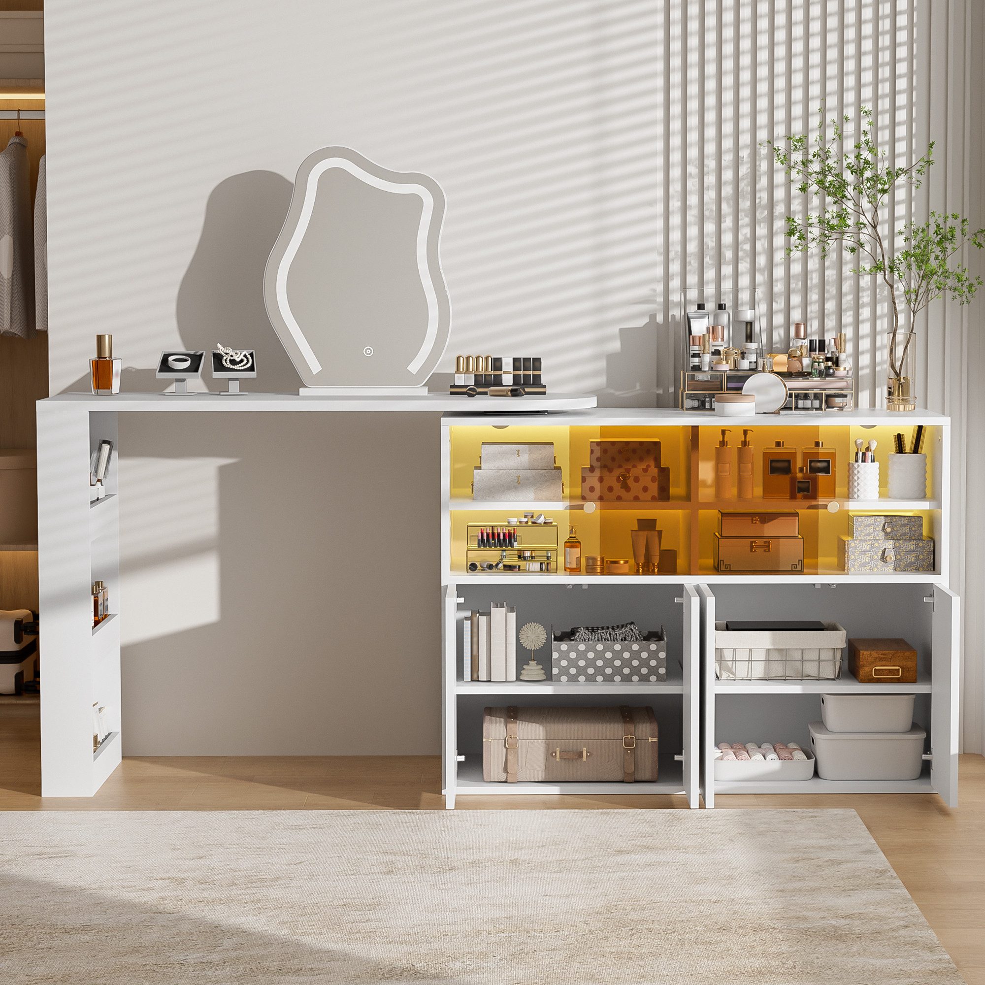 i@home Schminktisch Drehbarer Schminktisch mit LED-Beleuchtung, Frisiertisch, Bürotisch, großem mehrstöckigem Stauraum für Schlafzimmer, Weiß, 117×40×78 cm