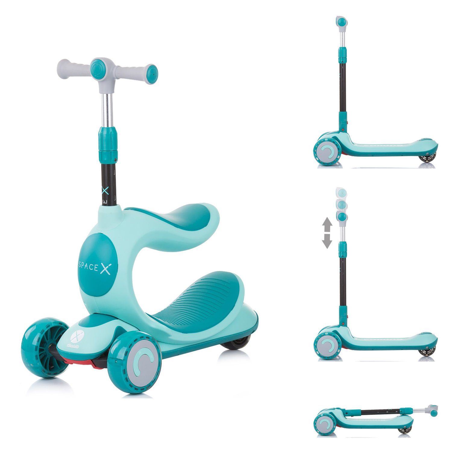 LED Kinderroller Dreirad Scooter mit Sitz Laufrad Rutsch Roller Verstellbar Blau 