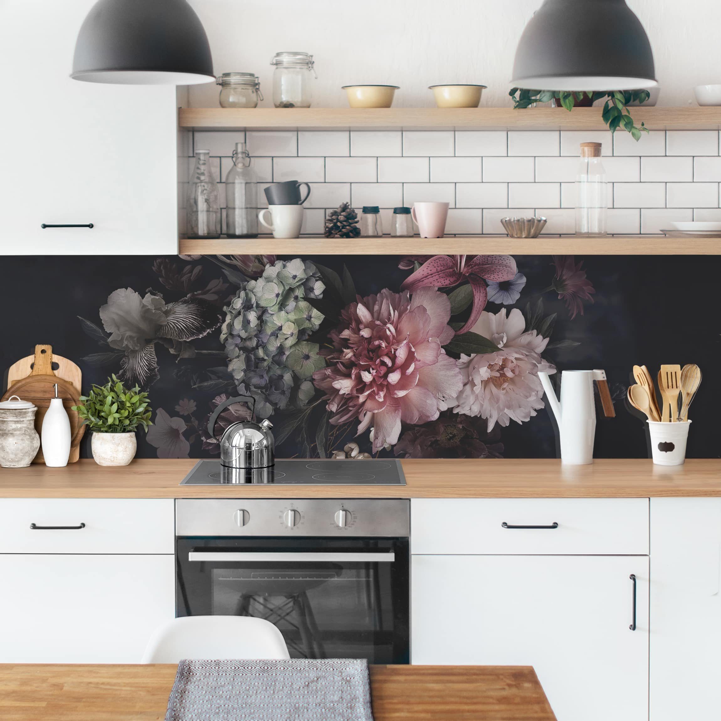 Bilderdepot24 Küchenrückwand schwarz dekor Blumen Kunst günstig online kaufen