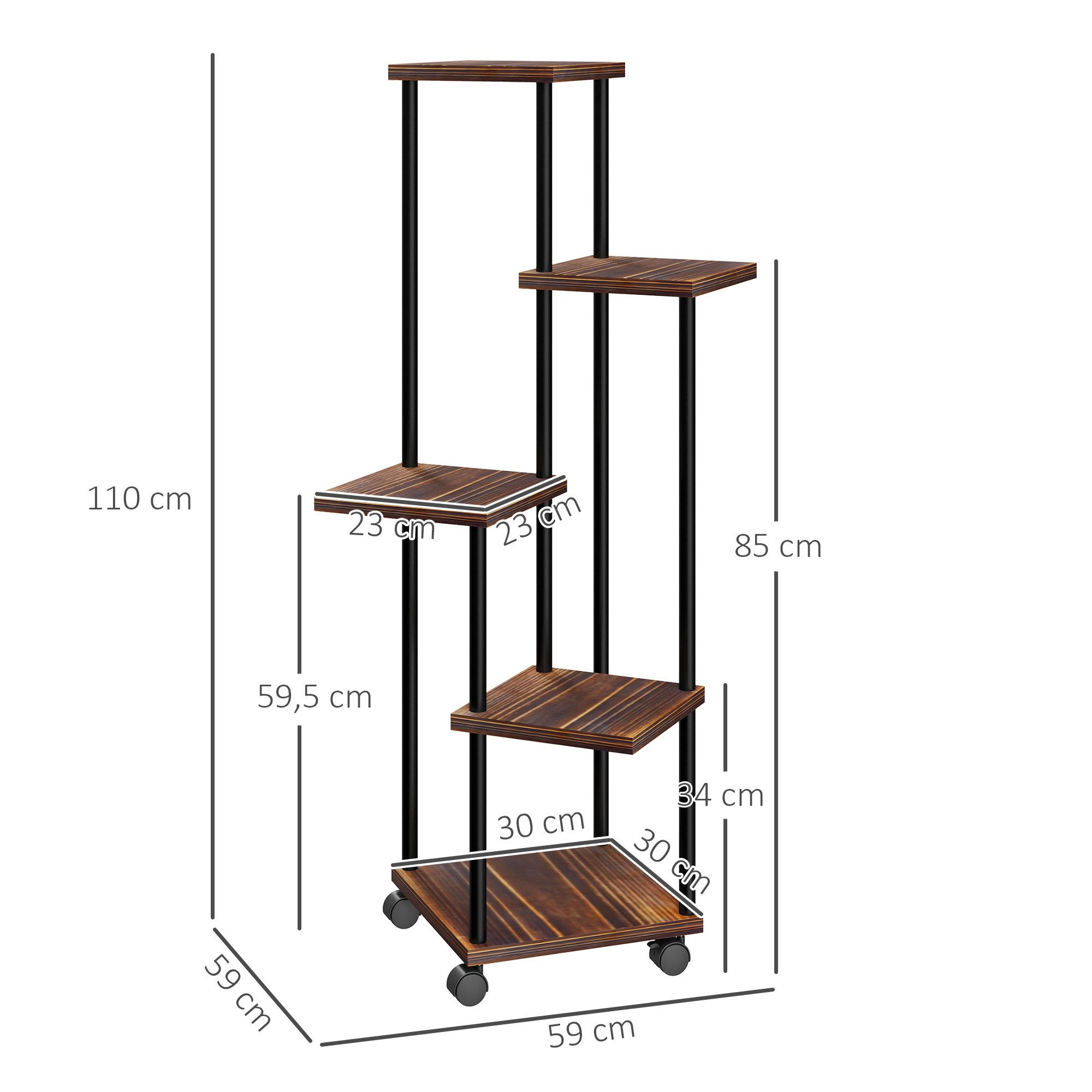 Outsunny Pflanzentreppe für Innen Außen, aus Stahl, Holz, mehrstöckig, 110 cm hoch (5-Etagen Pflanzenständer, 1 St., Blumenständer), für Wohnzimmer, Garten Balkon Deko, Verkohlt