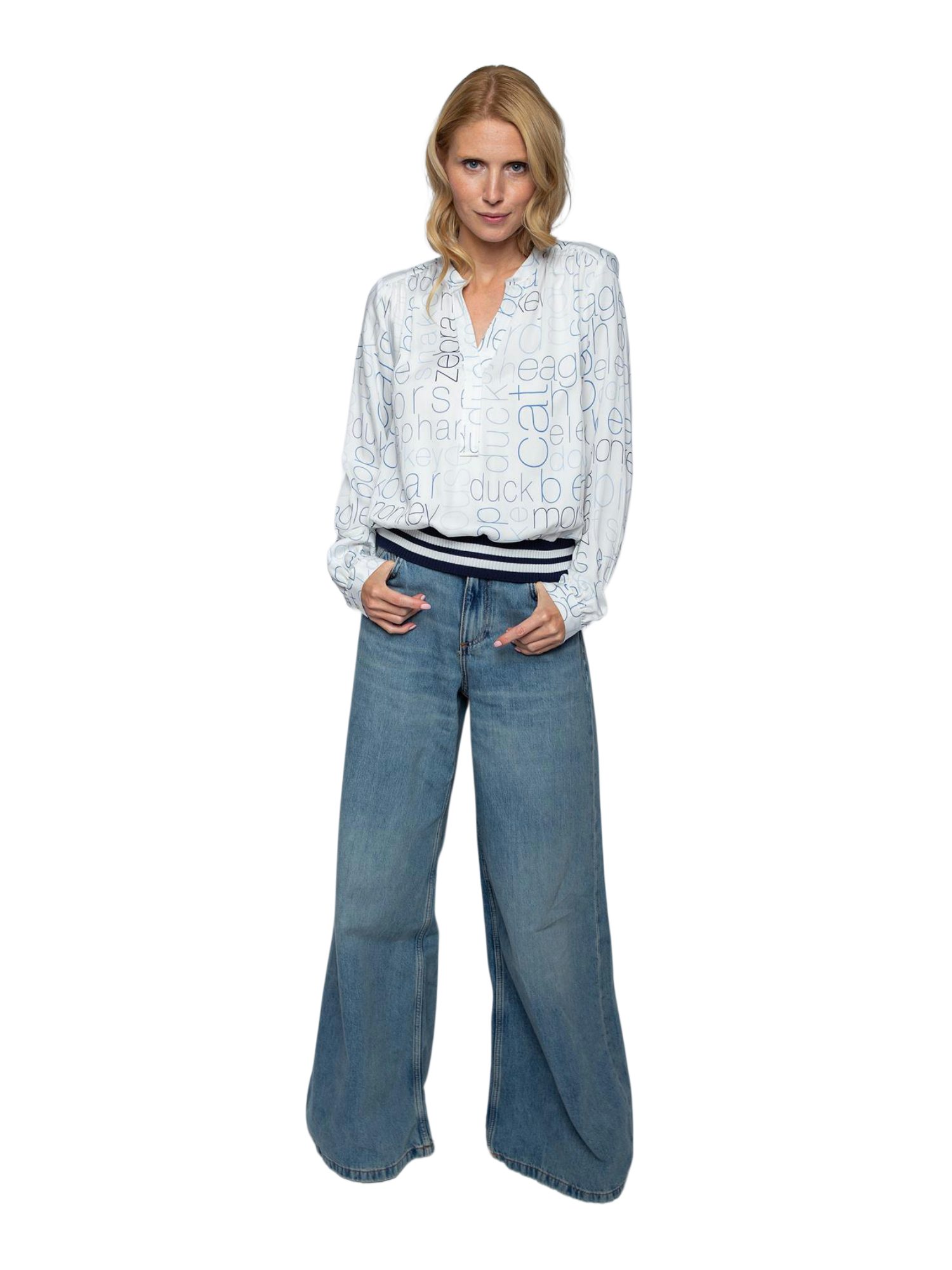 Emily Van Den Bergh Blusenshirt bunt,Casual,Viskose,Schriftzug,V-Ausschnitt,Lang,Relaxed Fit