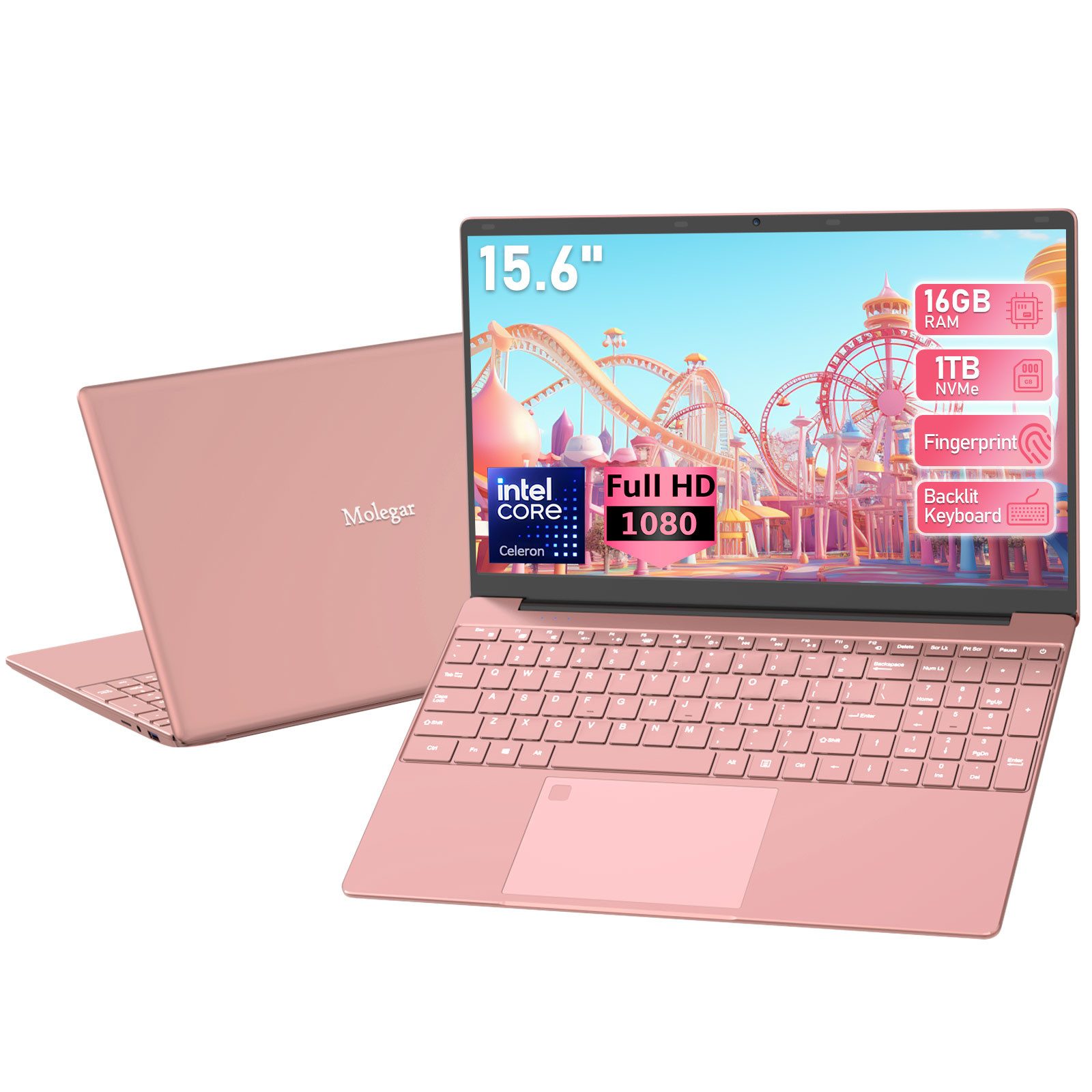 Molegar 15,6-Zoll Laptop für Studenten, Hintergrundbeleuchtete Tastatur Notebook (39,6 cm/15.6 Zoll, Intel Celeron 5205U, 1024 GB SSD, Fingerabdruckleser, 180° Scharnier, 6000mAh lange Akkulaufzeit)