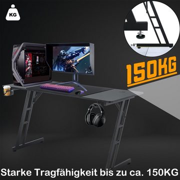 AUFUN Gamingtisch Computertisch Elite Gamer-Schreibtisch Rocksolid Tisch (120/140cm), Schreibtisch mit LED Gamer Beleuchtung, Kopfhörerhaken, Getränkehalter