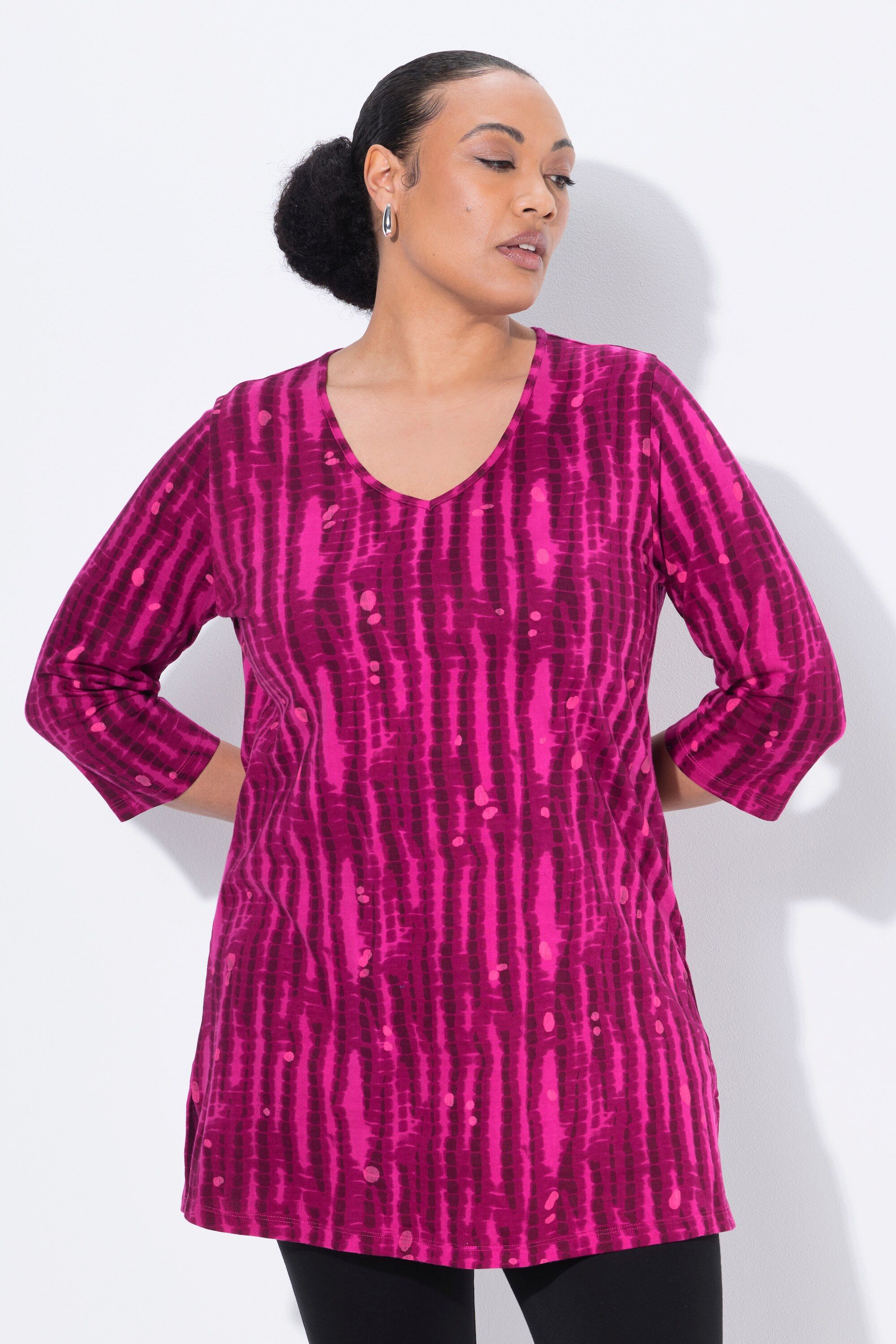 Ulla Popken Longshirt Longshirt Batikmuster A-Linie V-Ausschnitt 3/4-Arm günstig online kaufen