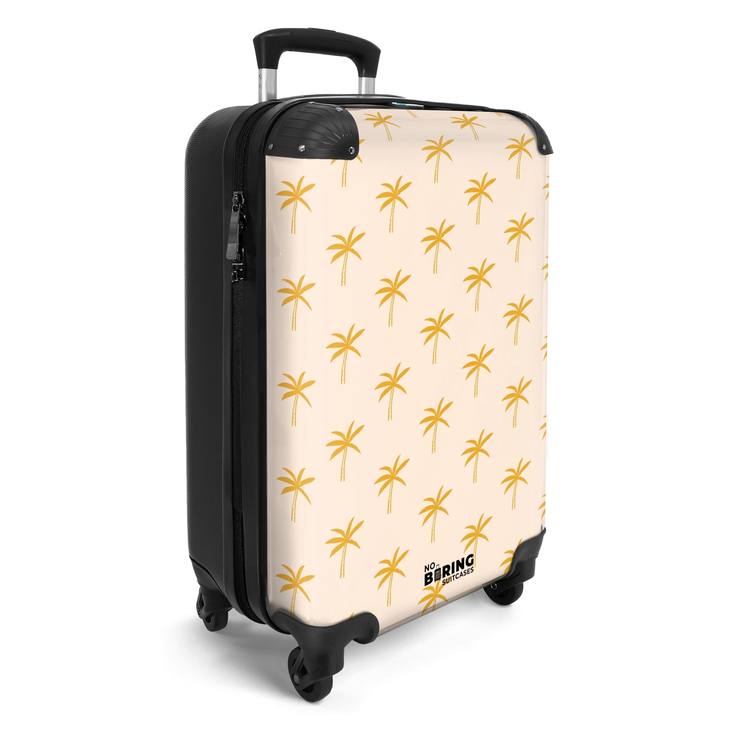 NoBoringSuitcases.com© Hartschalen-Trolley Beige mit gelben Palmen günstig online kaufen