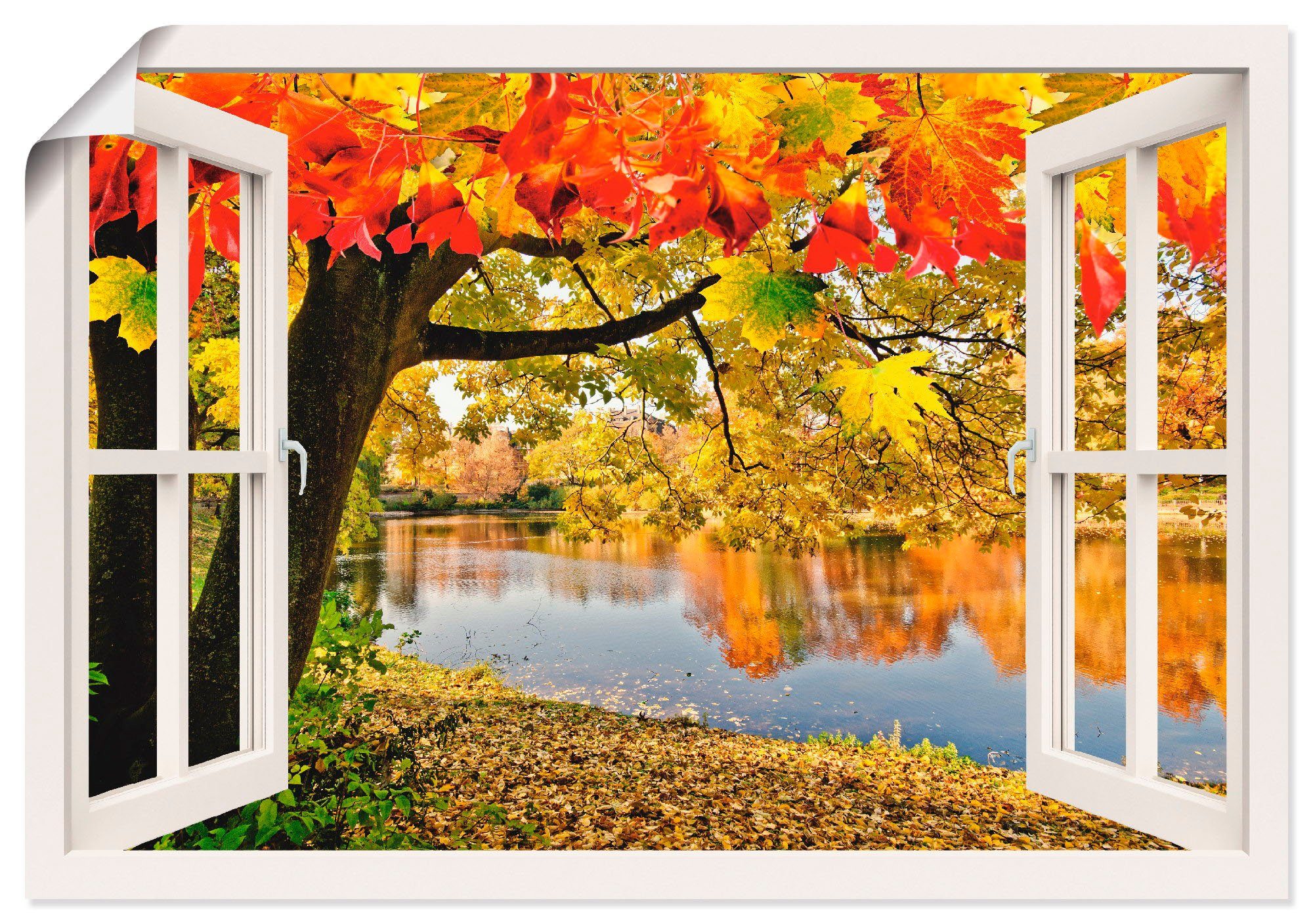 Artland Wandbild Fensterblick in St), Alubild, See, (1 an einem Gewässer Herbsttag versch. Größen oder als Wandaufkleber Leinwandbild, Poster