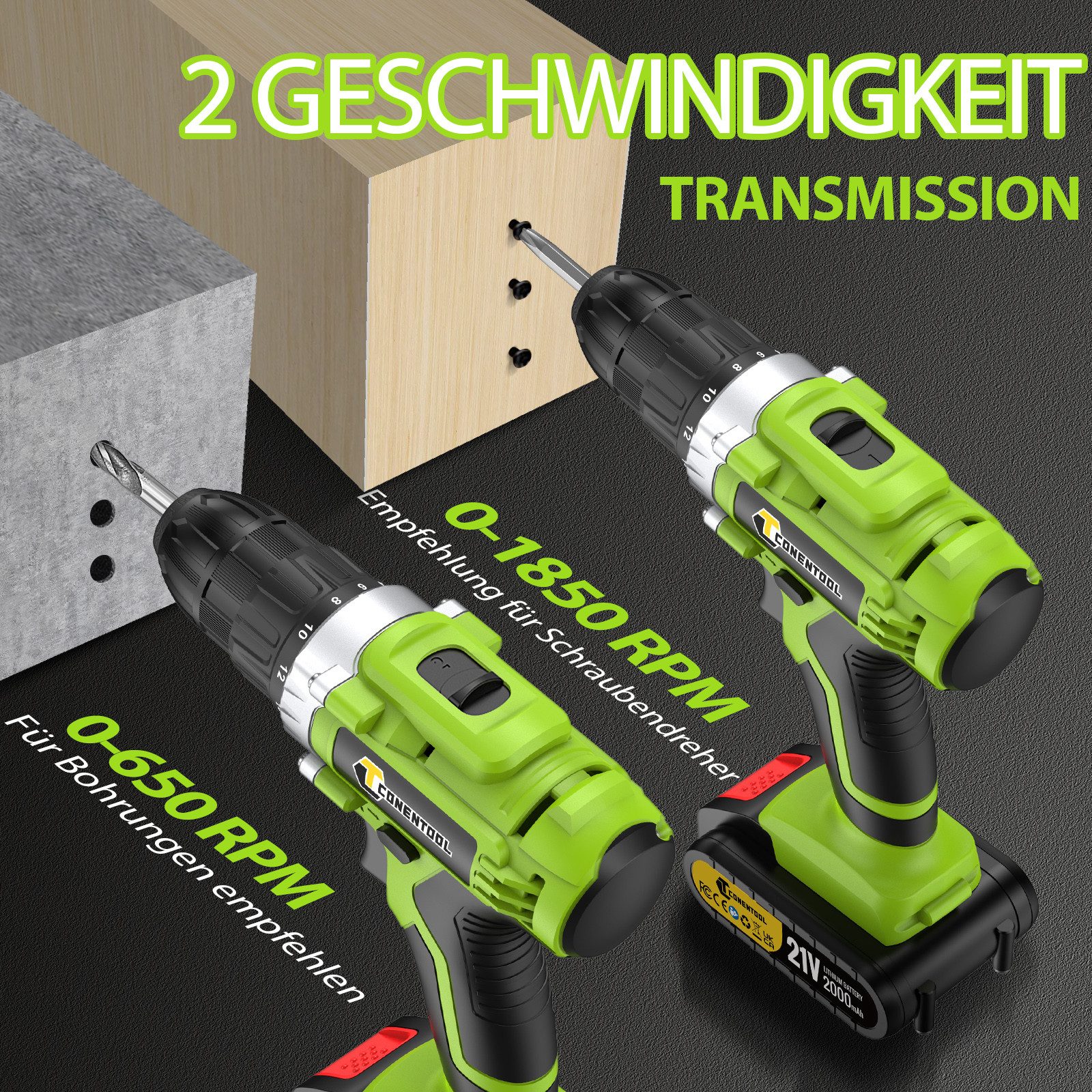 CONENTOOL Akku-Schraubendreher Akkuschrauber 21V Akku-Bohrschrauber, 25+1 Drehmomentstufen, 1850 U/min, 45 Nm, (36-tlg., inkl. 2x 2.0Ah Akkus & Ladegerät), mit  – Bild 3 von 5