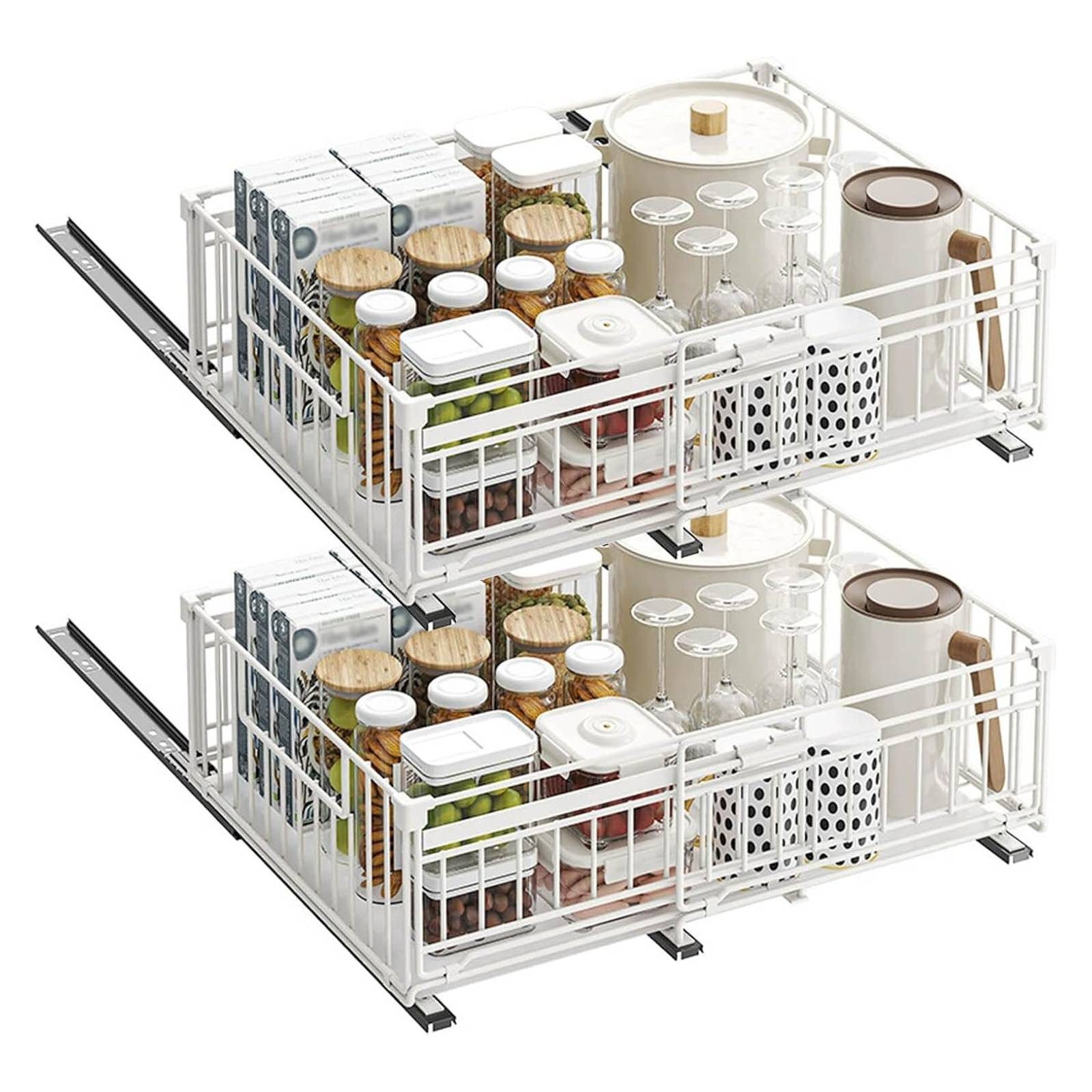 BlingBin Küchenorganizer-Set Teleskopschublade, Ausziehbare Schublade Küche Organizer Schrank, (2 Stück Erweiterbar Küchenschublade mit Kleber, 2-tlg., Produktabmessungen: 32.5-50L x 38B x 17H cm), Schubladen-Aufbewahrungsregale für Küche, Ohne Bohren, We
