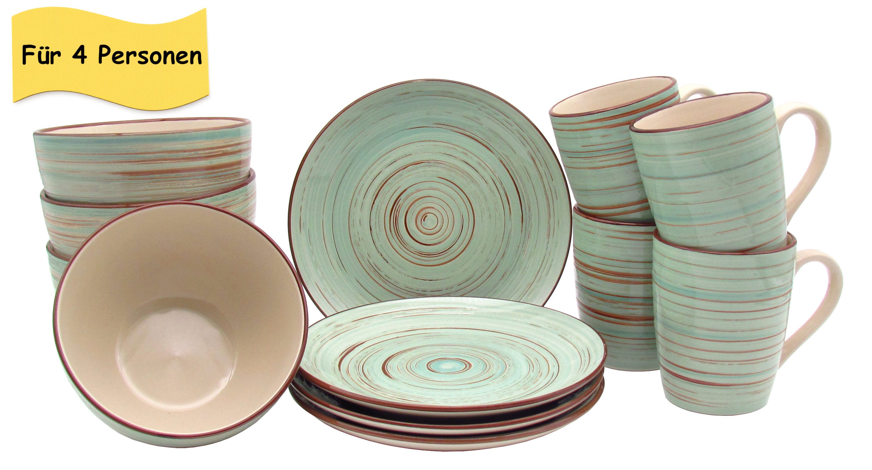 steinwohn Frühstücks-Geschirrset Keramik Frühstücks-Service 12-/18-teilig für 4 oder 6 Personen (12-tlg), Vintage Look, Spülmaschinen- & Mikrowellengeeignet