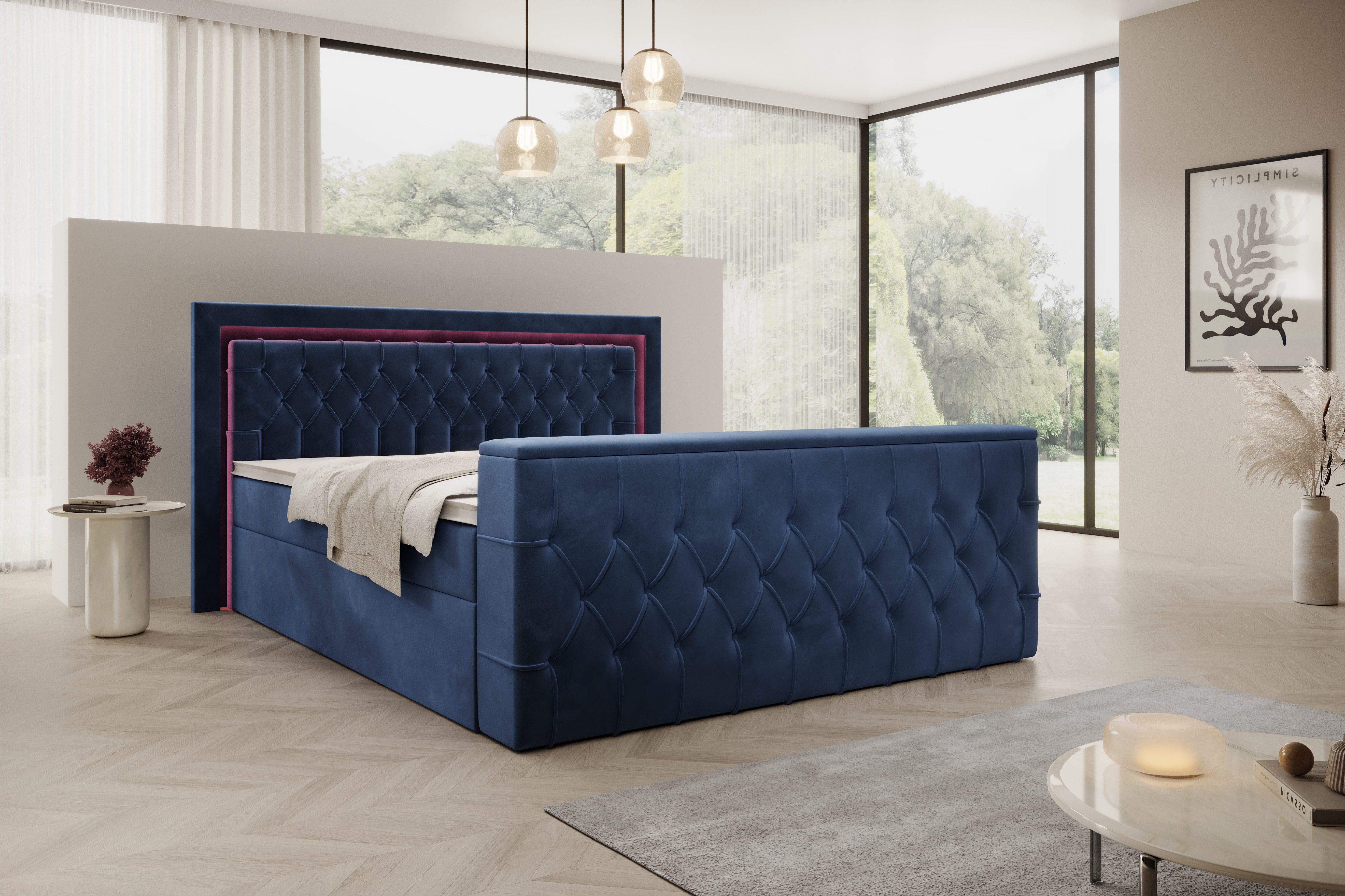 PROMETO Möbel Boxspringbett Doppelbett 180x200cm mit Matratze, Bettkasten TV-Lift LED Beleuchtung