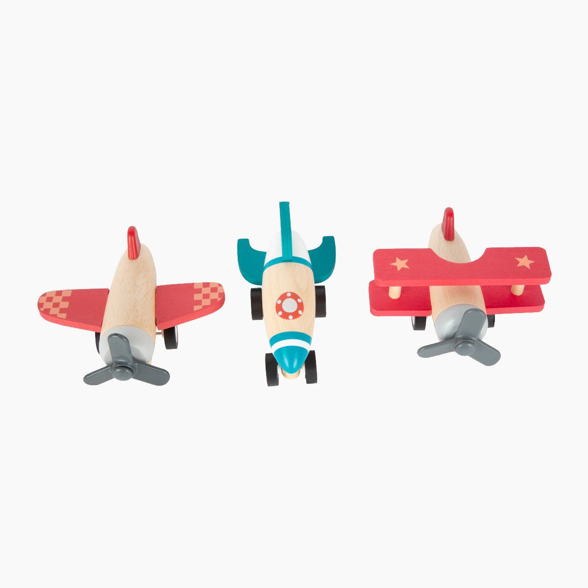 small foot GmbH & Co. KG Spielzeug-Flugzeug Rückziehflieger-3er Set, (Packung, 3-tlg., Set umfasst Flugzeug, Doppeldecker und Rakete), Set umfasst Flugzeug, Doppeldecker und Rakete