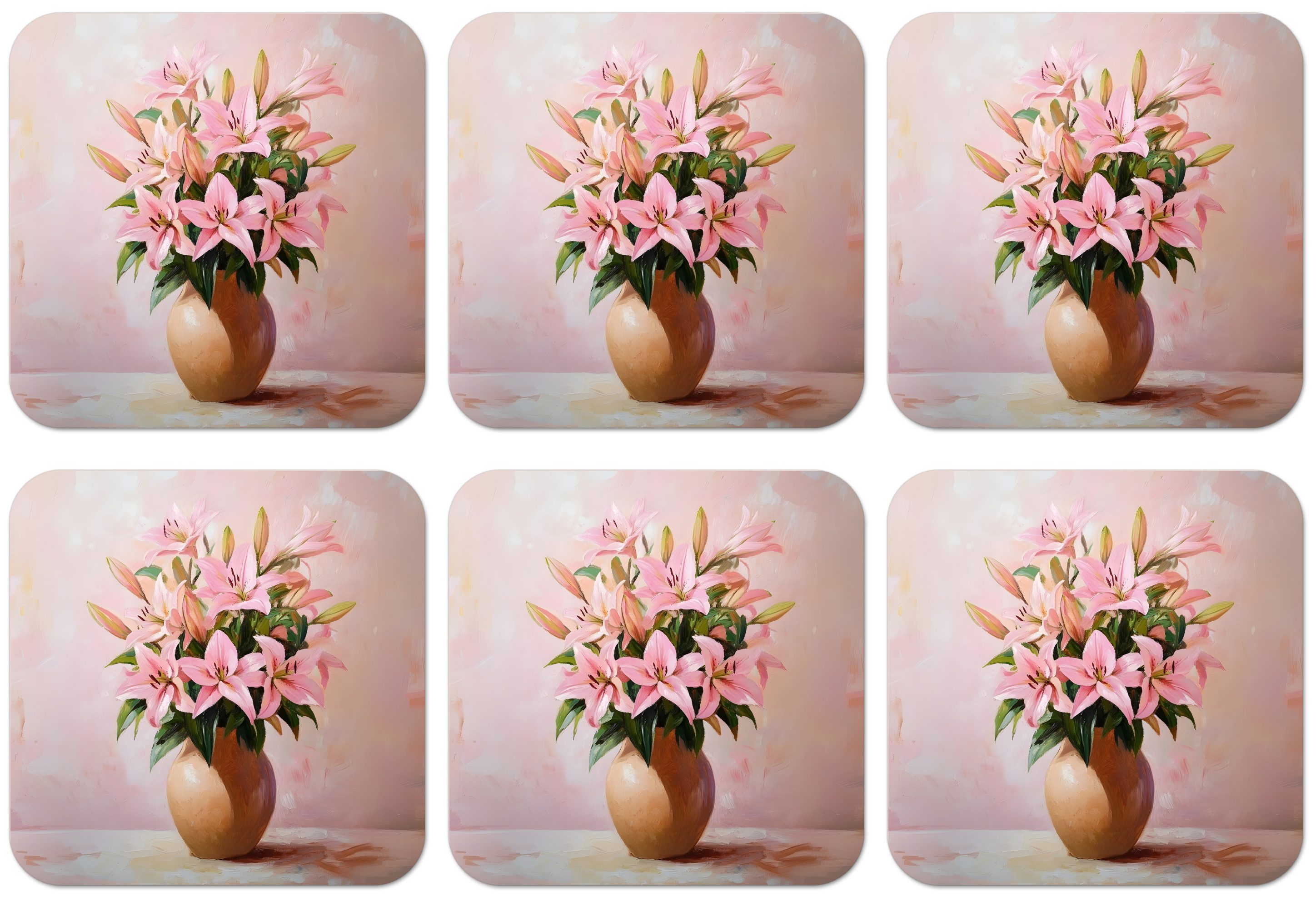 MuchoWow Glasuntersetzer Vase - Blumen - Rosa, Zubehör für Gläser, 6-tlg., Tassenuntersetzer Kork, Quadrat, Untersetzer Set Gläser, 10x10 cm