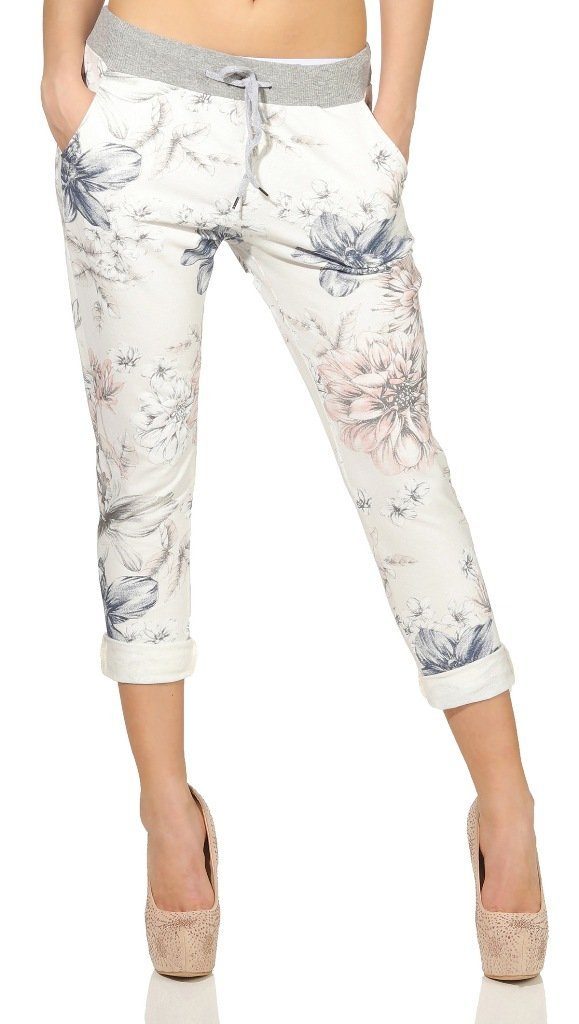 Mississhop Chinohose Damen Hose Blumen Jogginghose Baumwolle Blumen M.302 mit Kordelzug, mit elastischem Bund, gemustert