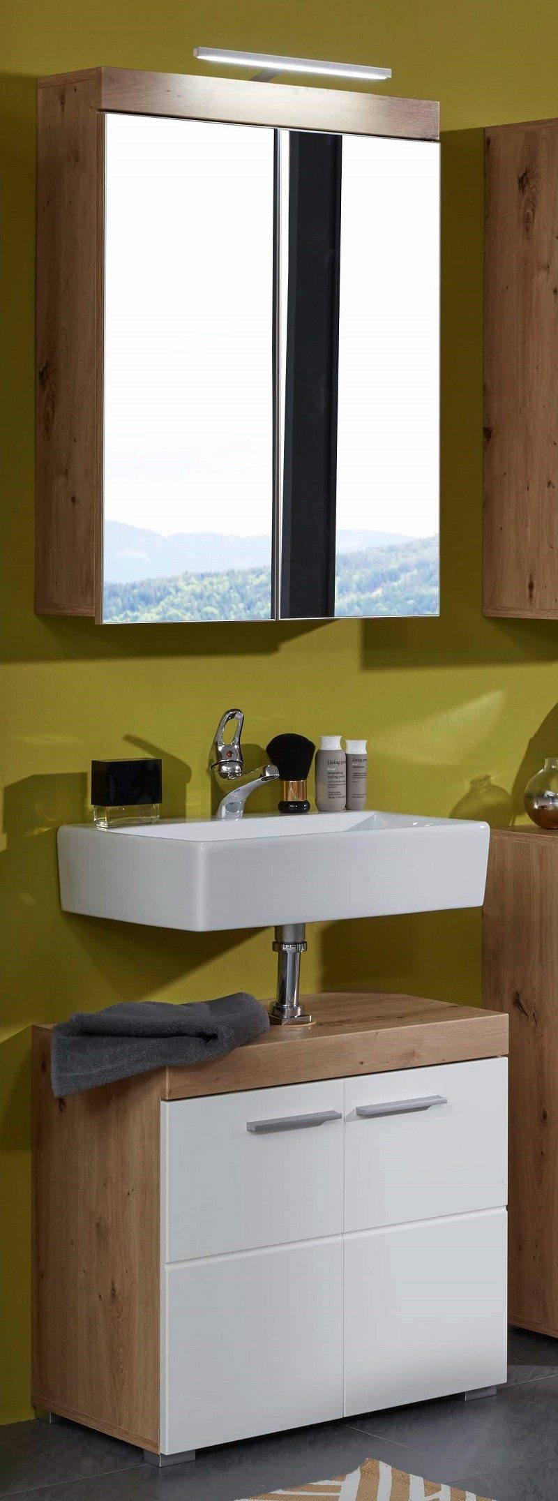 trendteam Badmöbel-Set Badezimmer-Set Amanda, weiß Hochglanz / Eiche Asteiche, 2-teilig, (2-St)