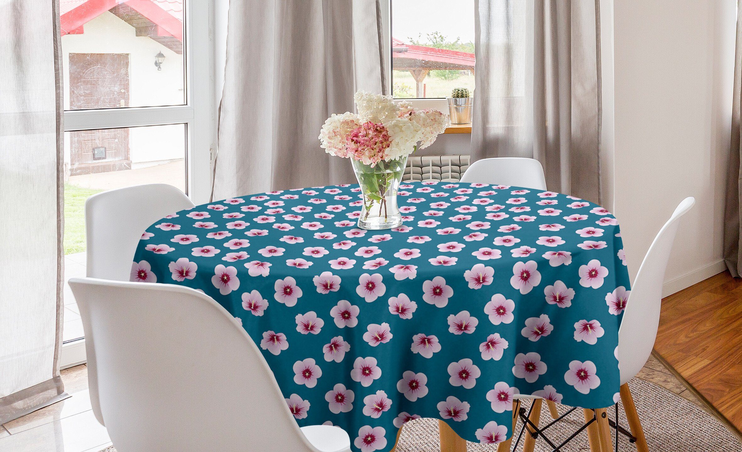 für Abakuhaus Kreis Küche Tischdecke Esszimmer Tischdecke Und Hibiscus Abdeckung Blau Dekoration, Petals Pink