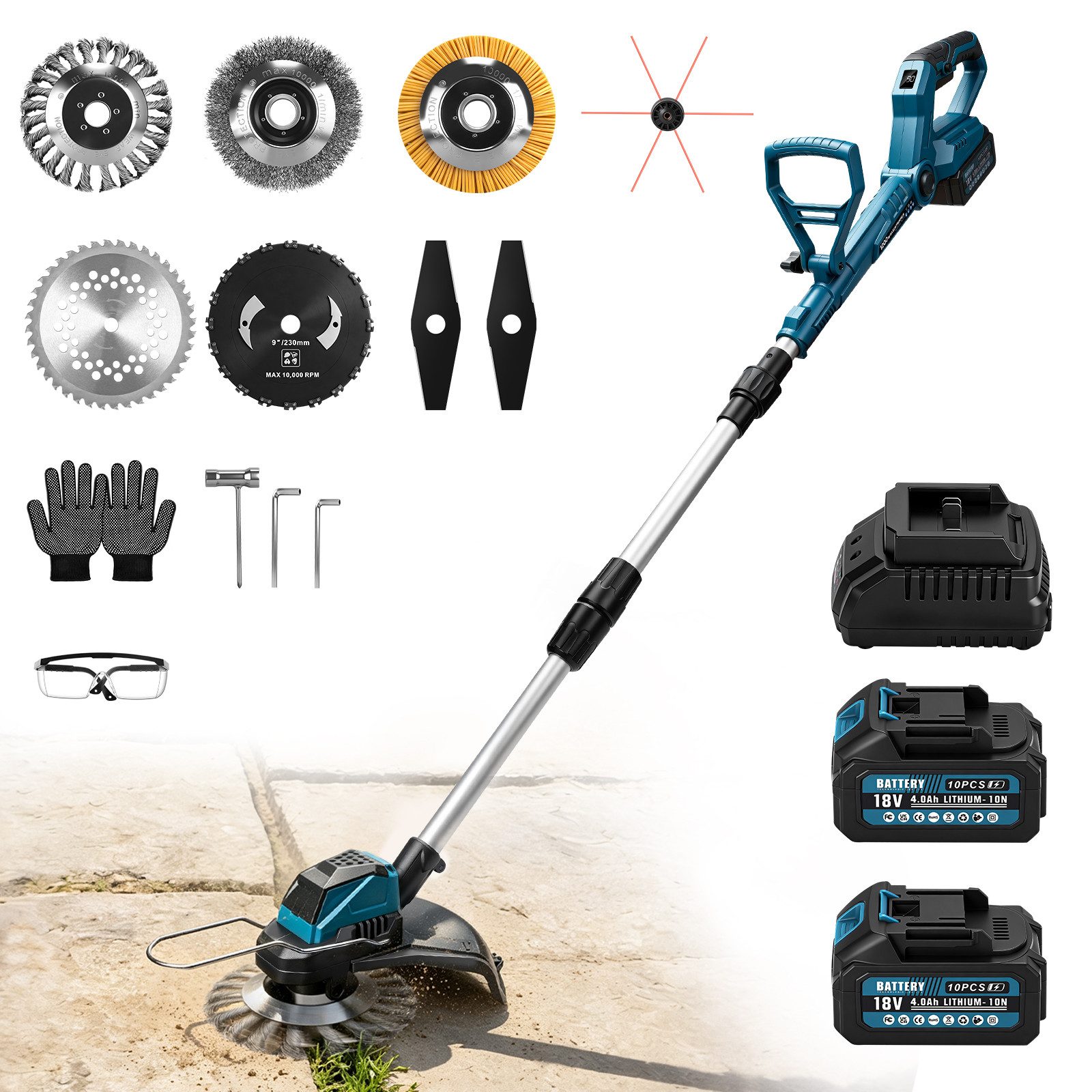 XIIW Akku-Rasentrimmer 1200W Akku Motorsense Teleskop Freischneider mit 2×4Ah 7 Klingentypen, (Kühlaluminiumblock, 16800U/min Bürstenloser Motor), Unkrautbürste für Höfe, Gärten und Kleinen