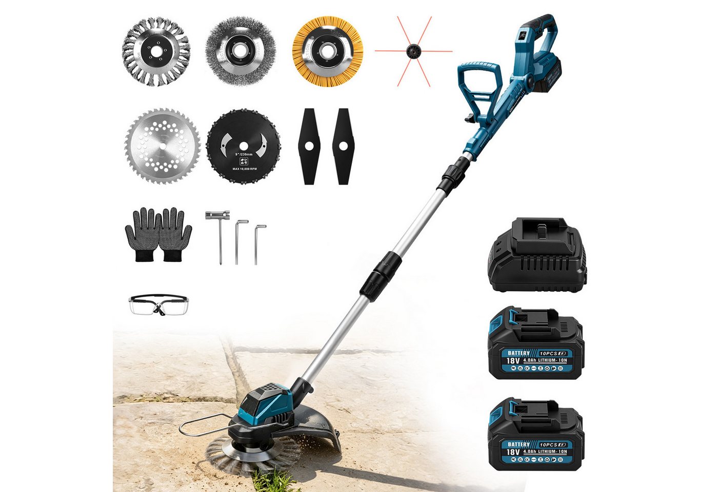 XIIW Akku-Rasentrimmer 1200W Akku Motorsense Teleskop Freischneider mit 2×4Ah 7 Klingentypen, (Kühlaluminiumblock, 16800U/min Bürstenloser Motor), Unkrautbürste für Höfe, Gärten und Kleinen