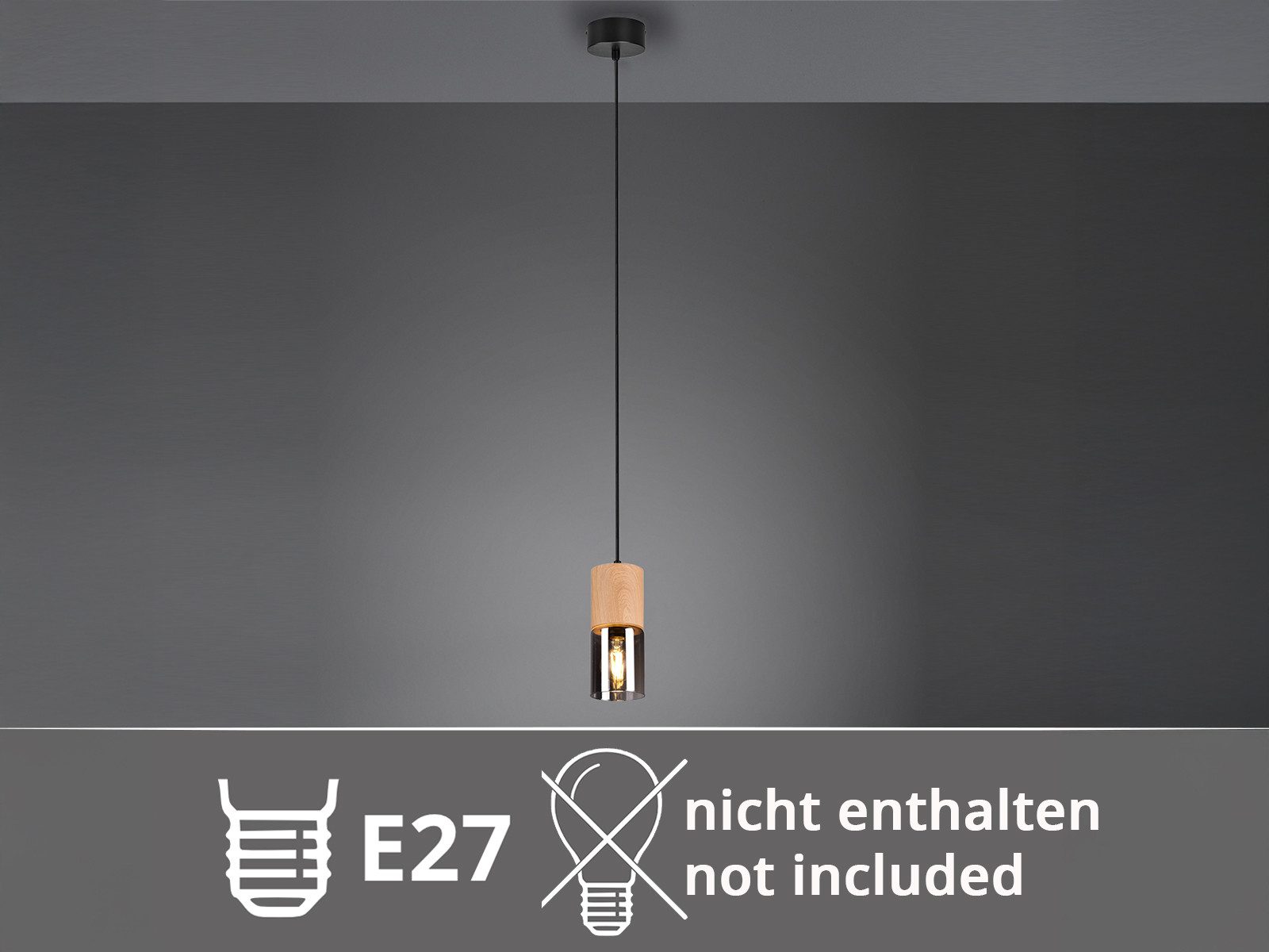 meineWunschleuchte Pendelleuchte mit Holz & Rauchglas Ø 10cm, ohne Leuchtmittel, kleine Hängelampe Nachttisch Wohnzimmerlampe, Esstischlampe hängend – Bild 5 von 5