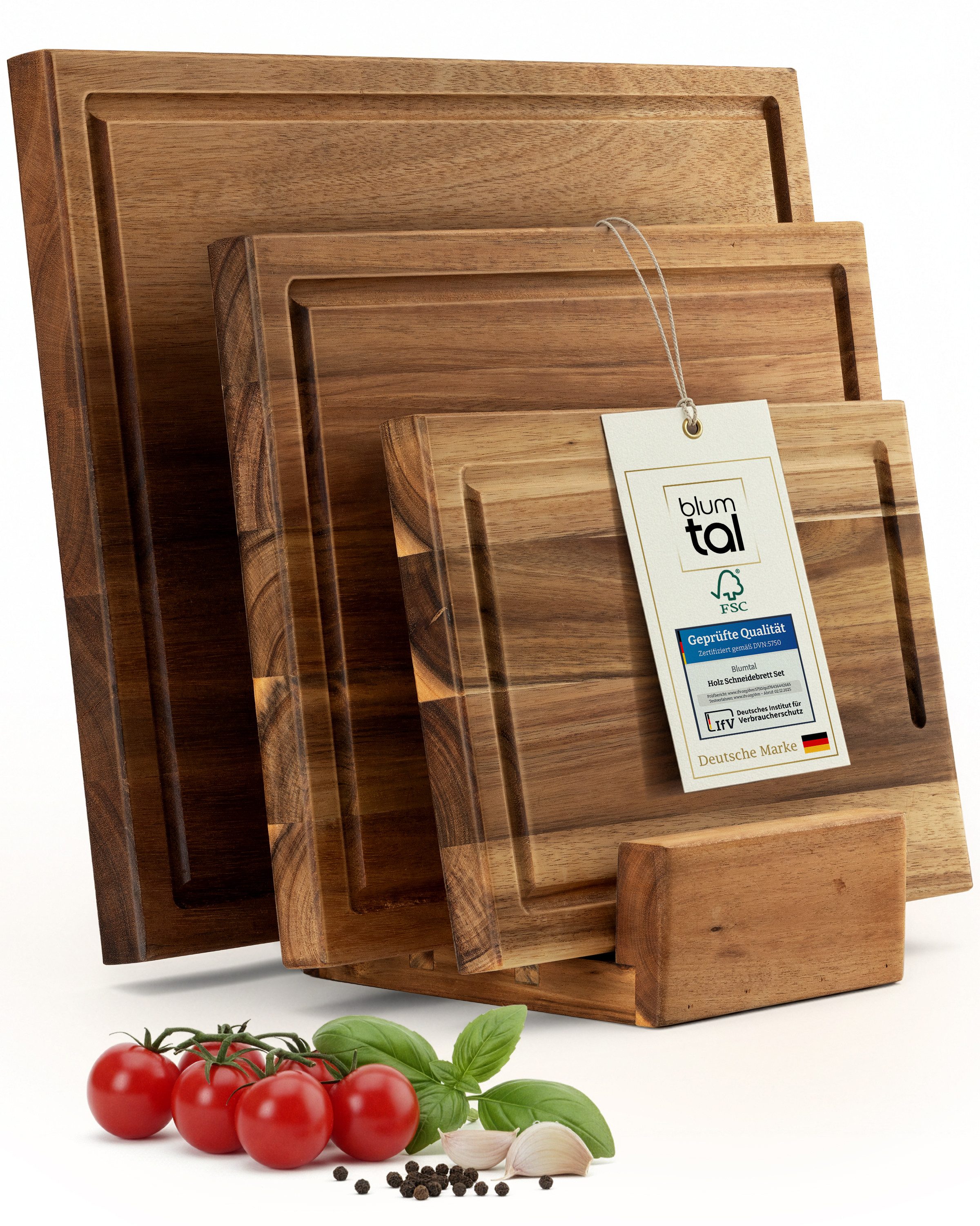 Blumtal Schneidebrett Holz 3er Set - massives Akazienholz Brett Set, (26x18/33x24/40x30 cm) mit Brettständer & Sanftrillemit