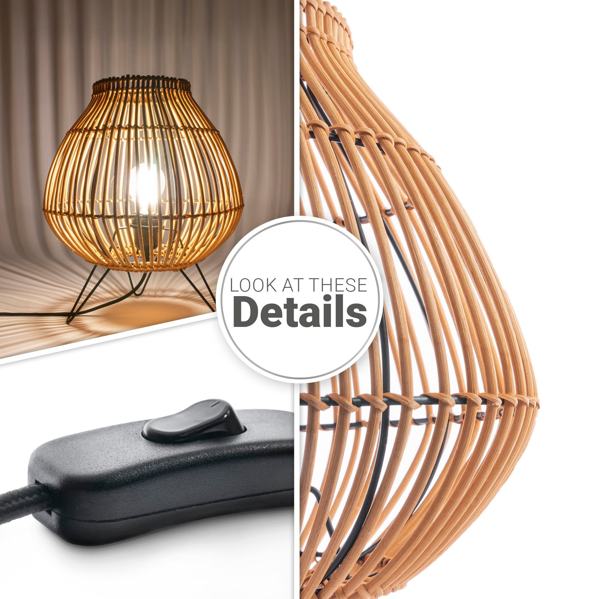 PURI, Korblampe Nacht Paco ohne E27 Tischleuchte Dreibein Boho Rattan Home Leuchtmittel, LED