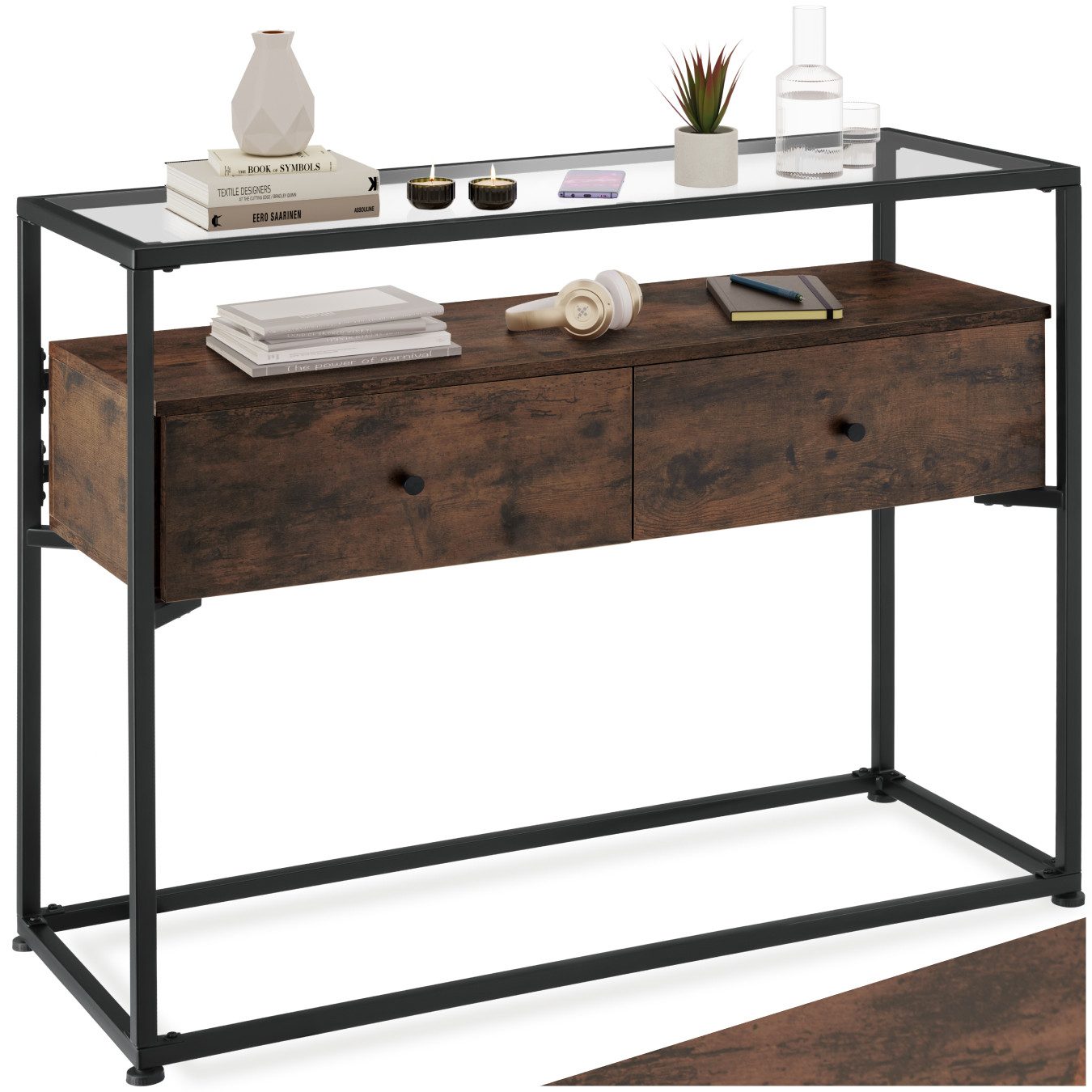 tectake Konsolentisch Flurtisch, 101,5 x 41,5 x 80,5 cm, höhenverstellbare Kunststofffüße (Wandkonsole Reading, 1-St., in Industrial Holz dunkel, rustikal), Holz und Stahl, Platte aus Sicherheitsglas, 2 große Schubladen