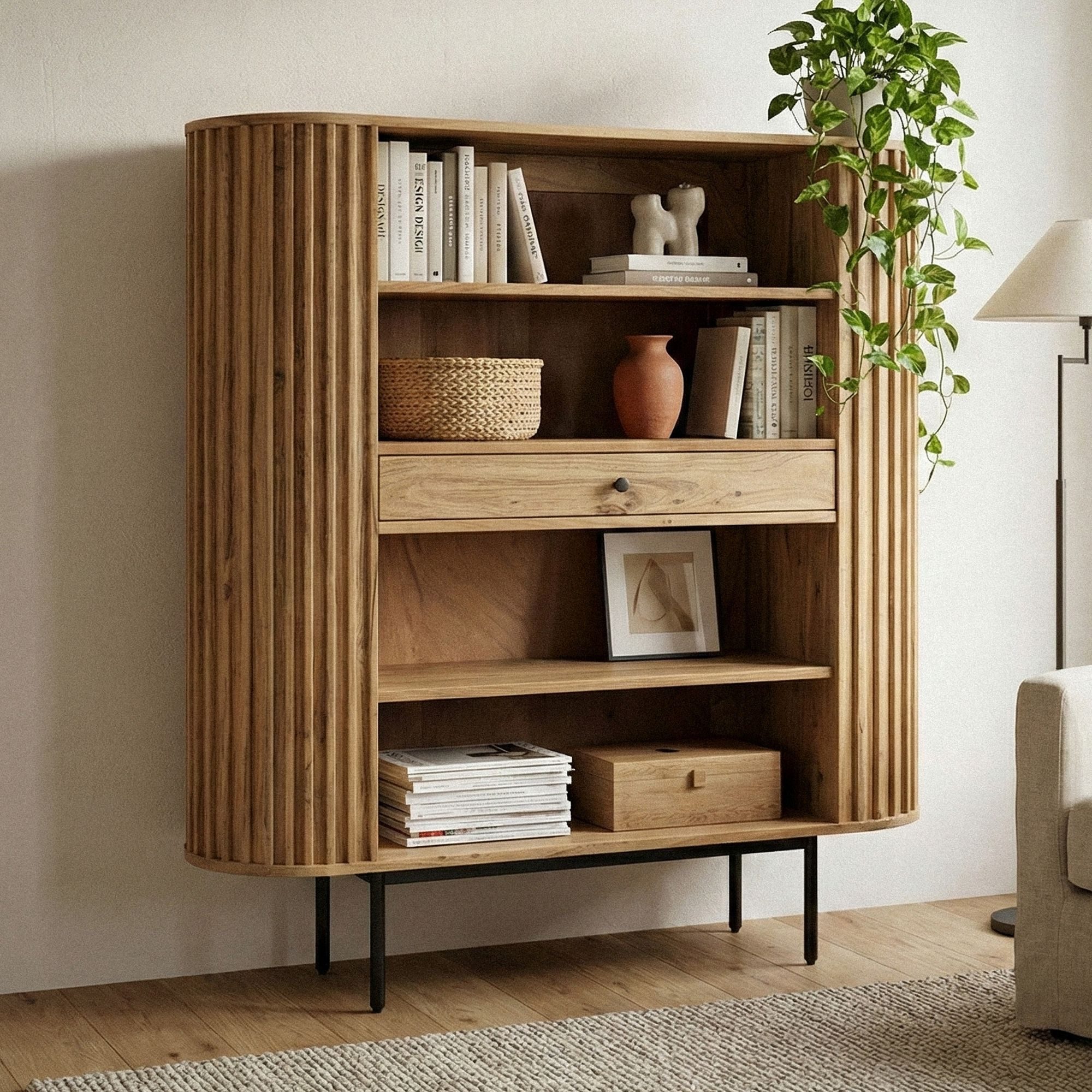 FINEBUY Bücherregal FB60543 Standregal Massivholz 105cm Wohnregal Standregal Stauraumregal, Funktionale Aufbewahrung im zeitlosen Look, Natürliches Möbelstück mit klarer Linienführung
