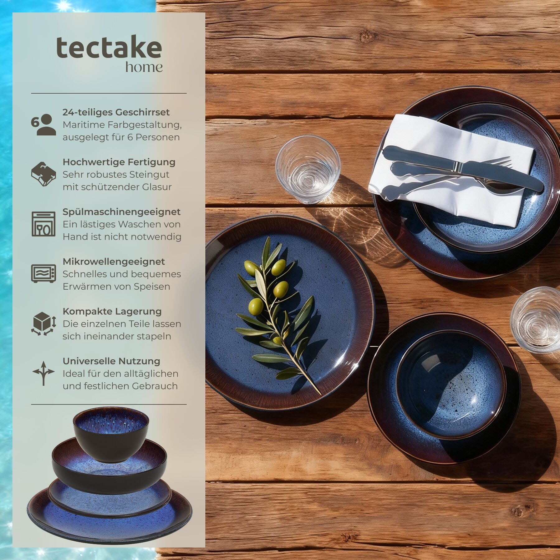 tectake Geschirr-Set Tafelservice (24-tlg), 6 Personen, Steingut, für 6 Personen, handgefertigt