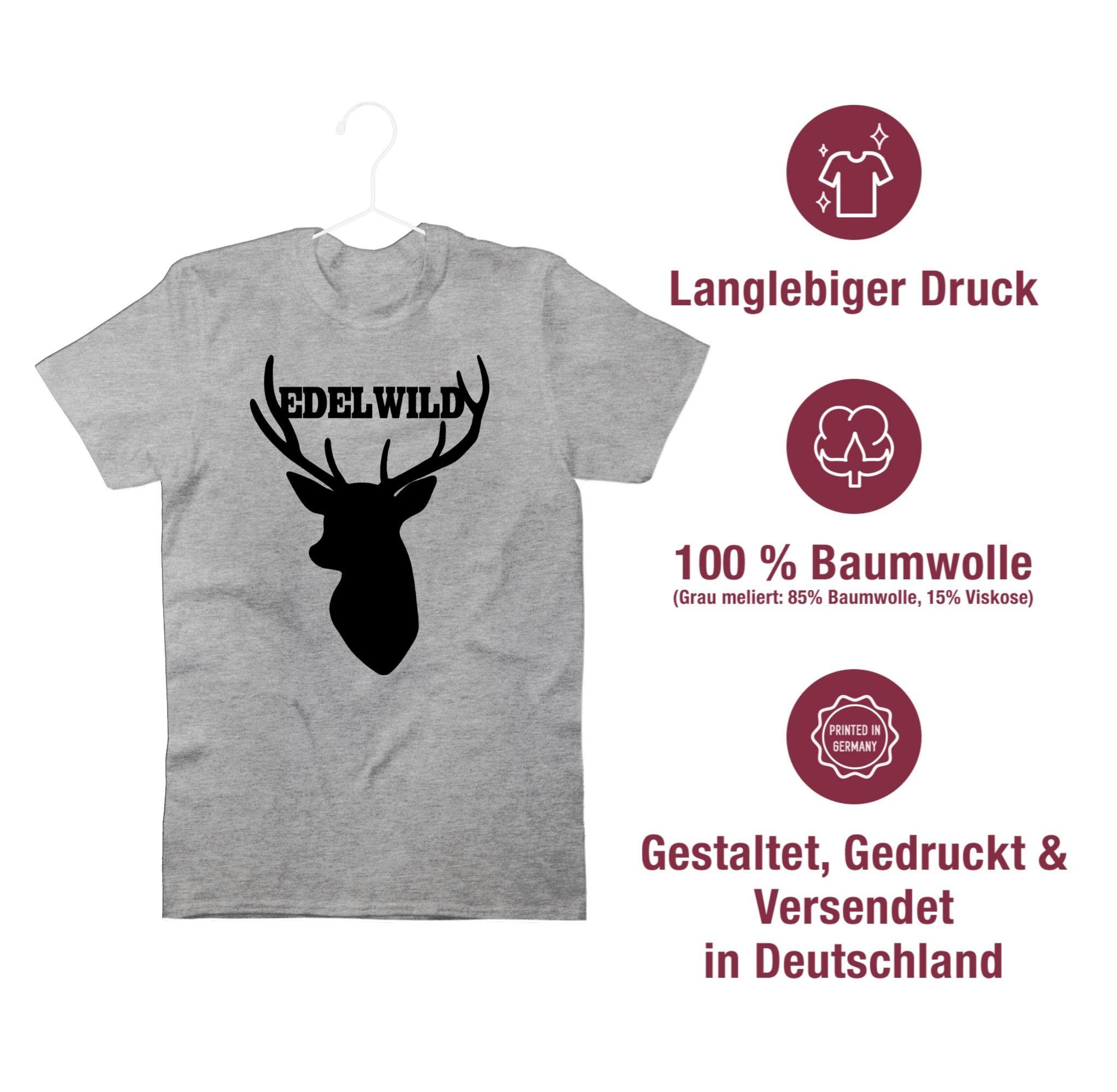 T-Shirt - Grau Edelwild meliert mit Herren 2 Hirsch Mode für Oktoberfest schwarz Shirtracer