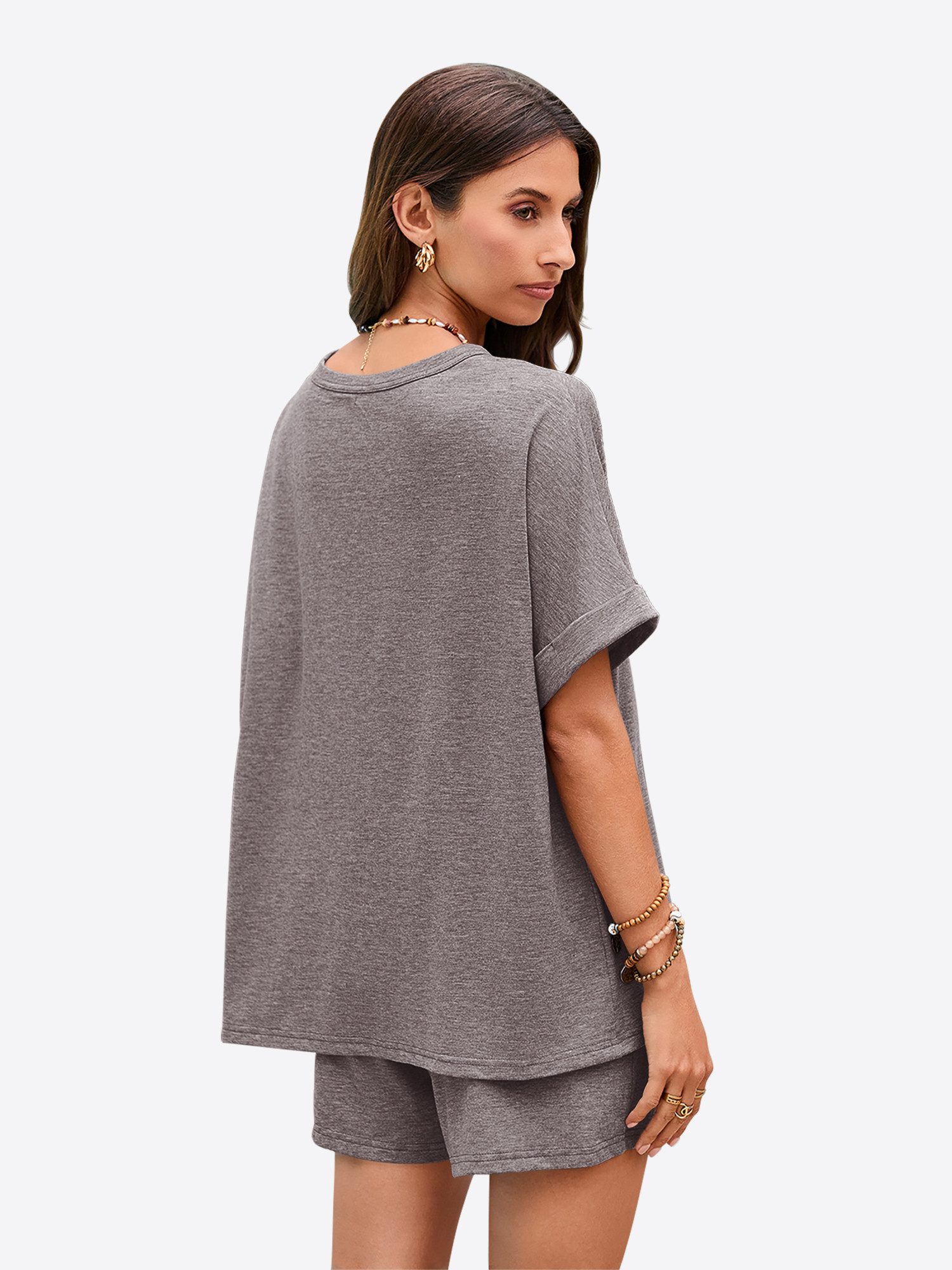 Imily Bela Hausanzug Damen 2-teilige Lounge-Sets (Set, 2 tlg., Oversized Kurzarm-T-Shirts + Shorts mit Kordelzug) einfarbig