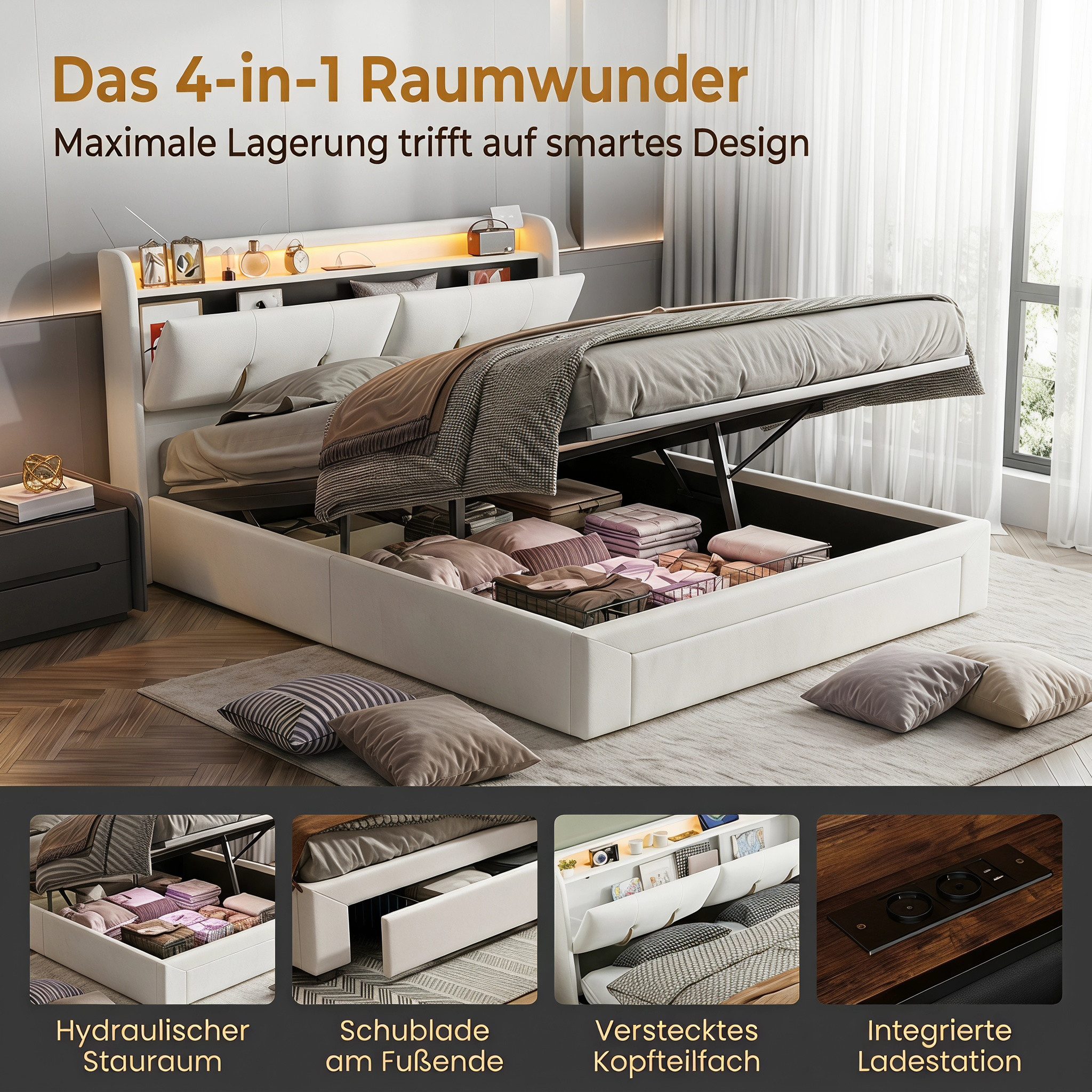 PXloue Polsterbett LED Doppelbett, Bettkasten, Ladefunktion, Samt, 160x200 cm