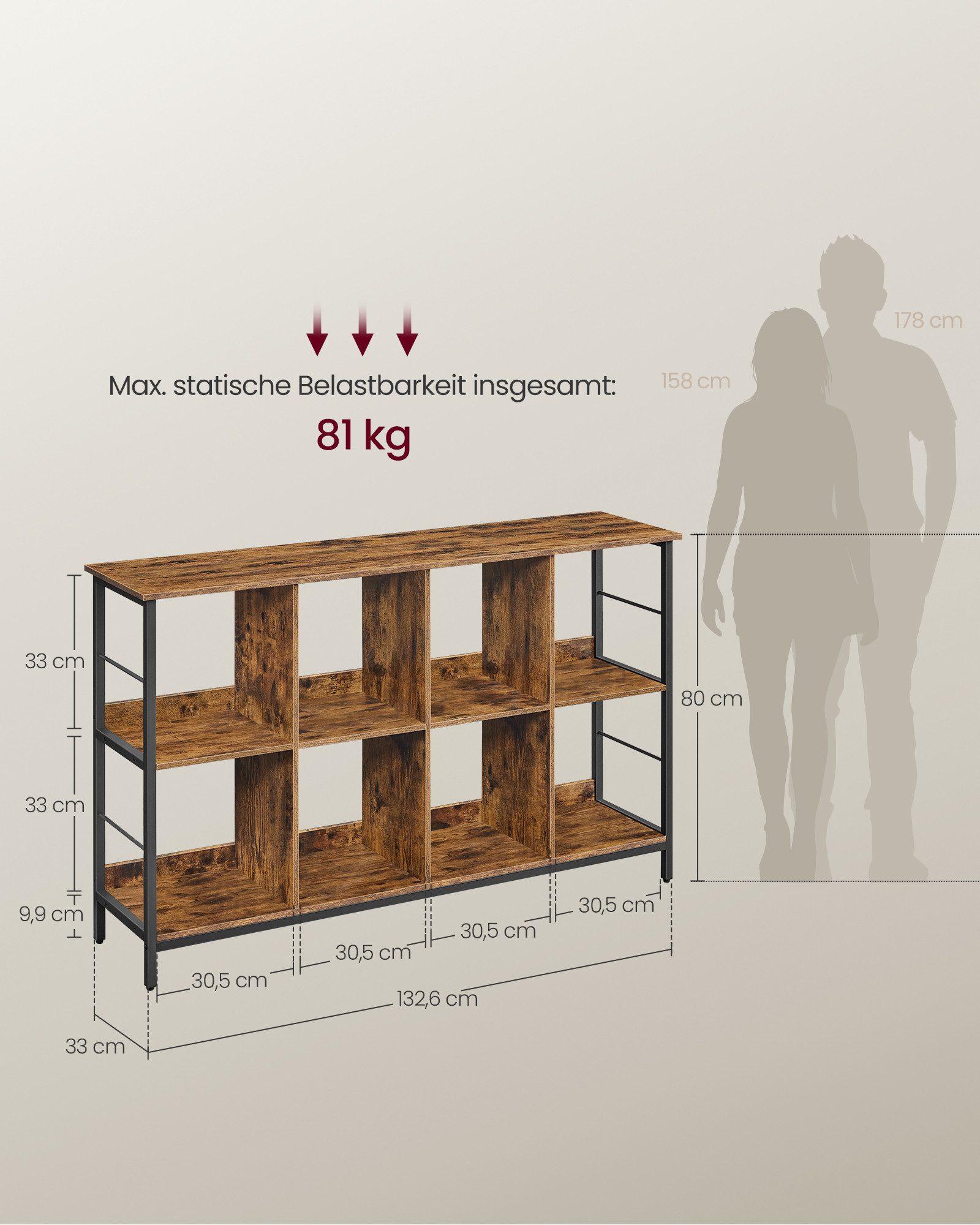 VASAGLE Bücherregal für Wohnzimmer, Schlafzimmer, Arbeitszimmer, Küche, Regal mit 2 Ebenen, Standregal mit 8 Fächern, 33 x 132,6 x 80 cm – Bild 5 von 5
