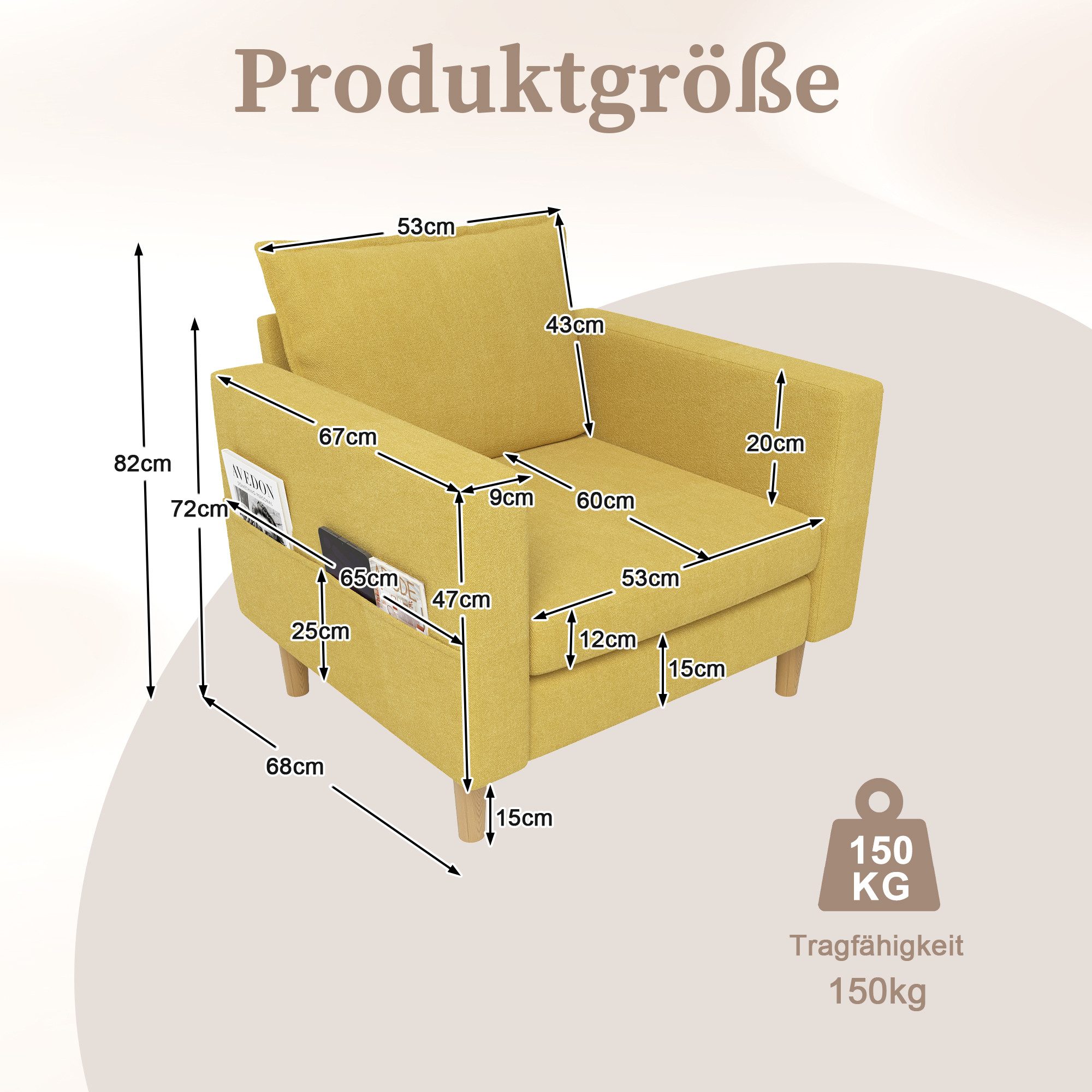 LVHOM Loungesessel Einzelsessel mit Seitentaschen,60cm Sitztiefe, bequeme Sitzfläche (Chenille-Stoff, ergonomisches Design, stabile Holzbeine, belastbar bis 150kg, 15cm Bodenfreiheit), für Wohn-/Schlaf-/Arbeits-/Wartezimmer, Büro, Leseecke, Ruhezone