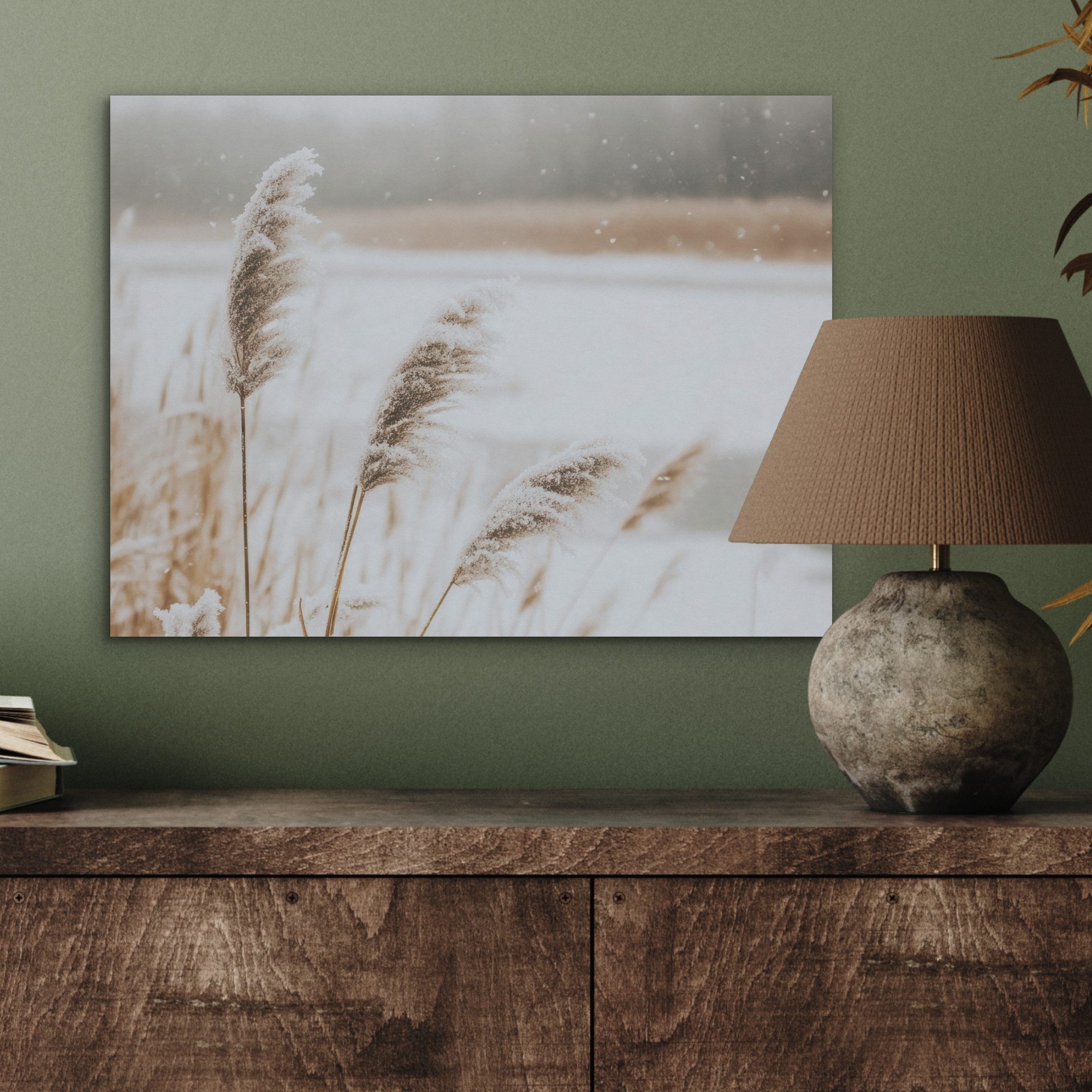 MuchoWow Gemälde Schilf - See - Winter - Natur - Schnee - Beige, Fotodruck (1 St), Akustikpaneele PET-Filz, Akustikbild, Schalldämmung, Deko 40x30 cm