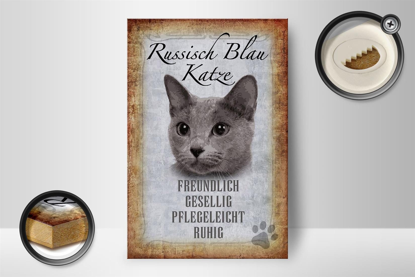Femer GmbH Holzbild Spruch 12x18 cm russisch blau Katze, Sprüche Zitate Lustiges (1 St), Glatte Holzfaserplatte (MDF), vorn beschichtet