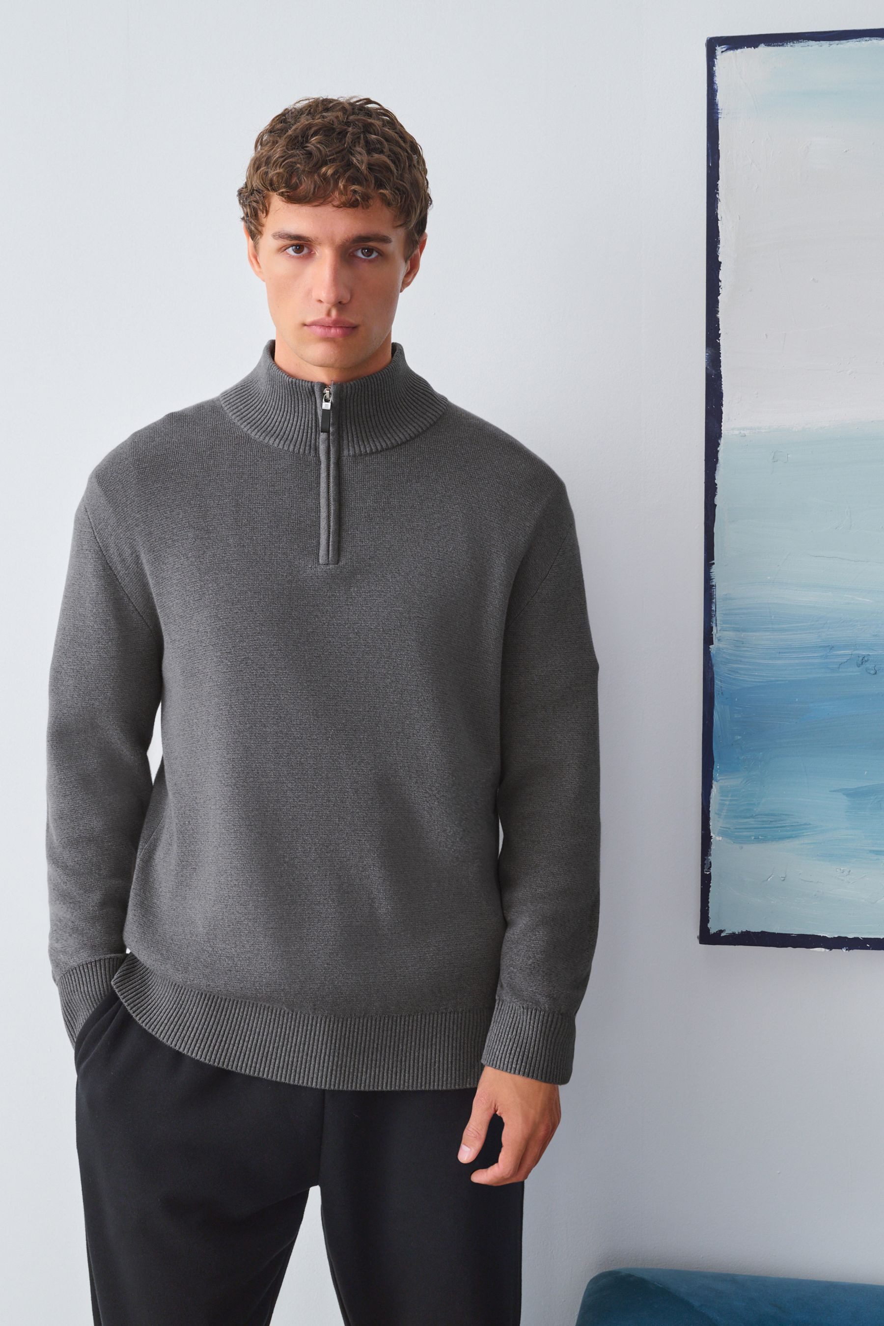 Next Strickpullover Regular Fit Premium Troyer mit Hirschlogo (1-tlg)