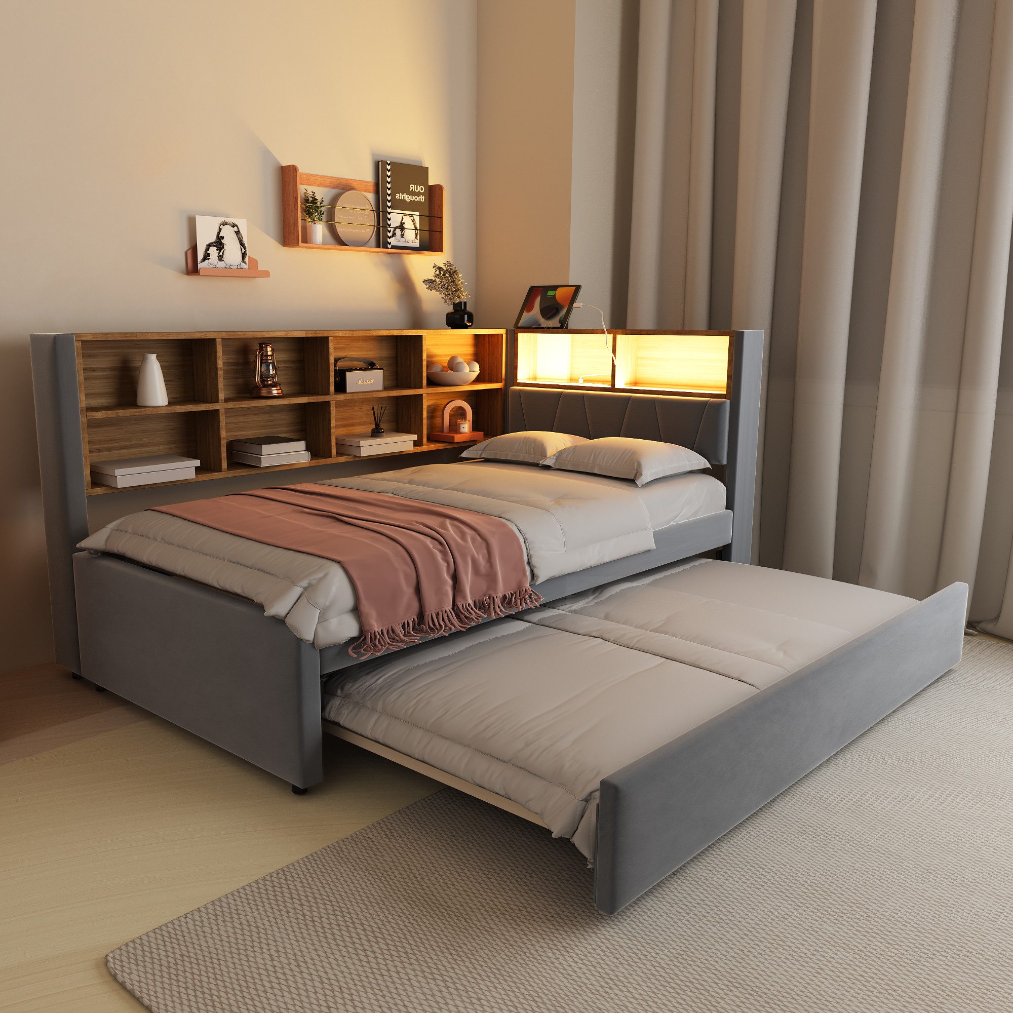 Merax Daybett 90x200cm mit Ausziehbett 90x190cm, Polsterbett Schlafsofa Tagesbett mit LED, Steckdosen und Ablagefächern – Bild 4 von 5