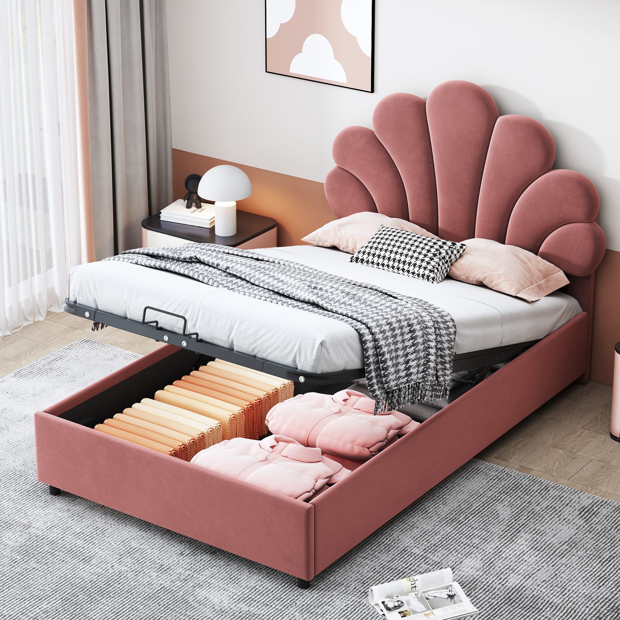 OKWISH Bett Polsterbett Kinderbett Gästebett Einzelbett (mit floralem Kopft günstig online kaufen