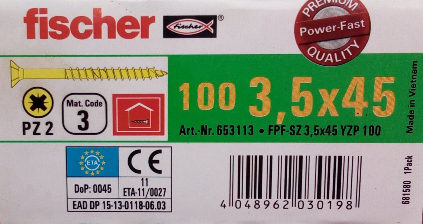 Thumbnail - Fischer Befestigungstechnik Schraube 100x fischer Spanplattenschrauben 3,5x45 PZ2 Holzschrauben verzinkt Te, (100 St)