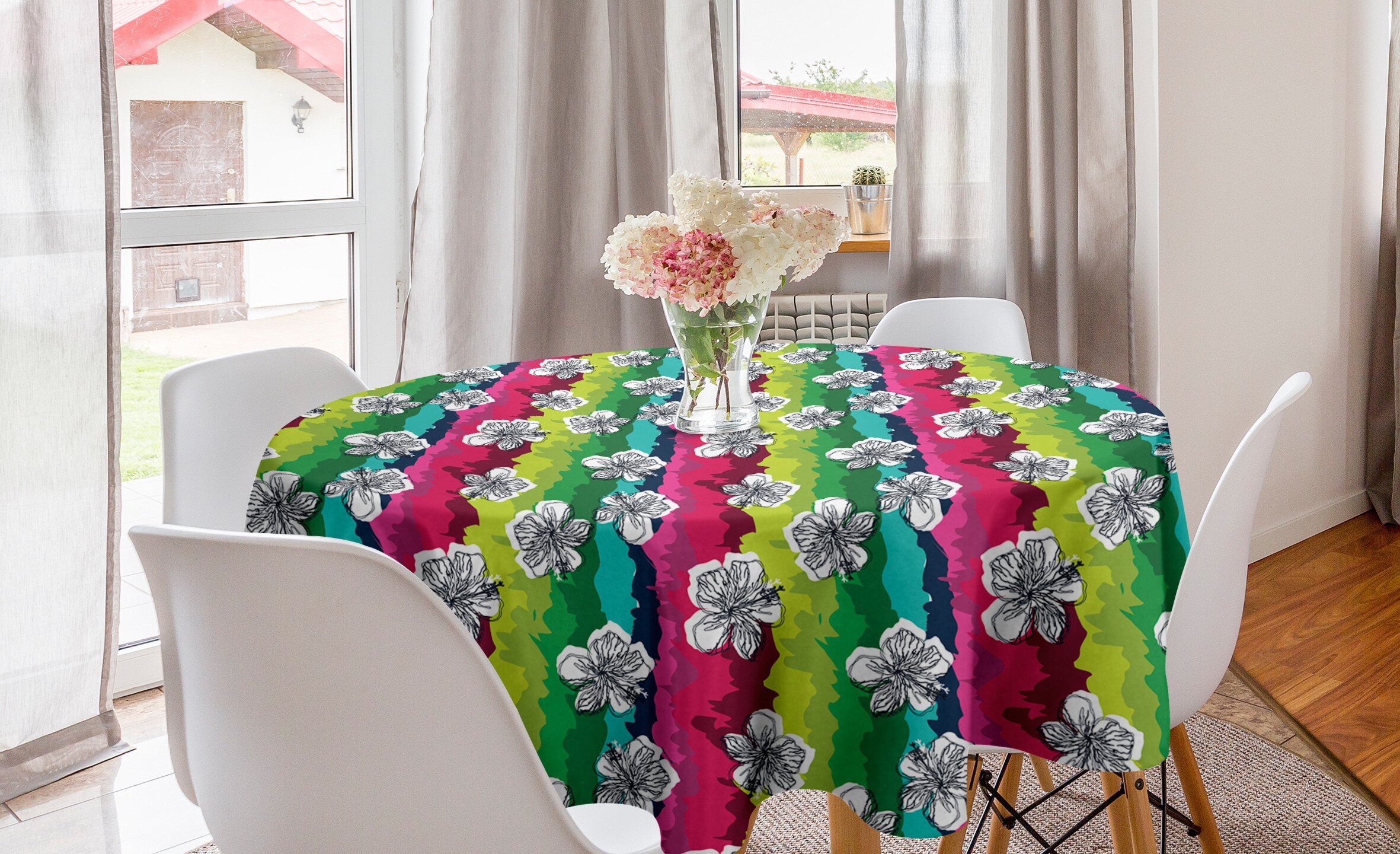 Abakuhaus Tischdecke Kreis Tischdecke Abdeckung Hibiscus auf für Dekoration, Esszimmer Streifen Küche bunte Sommer