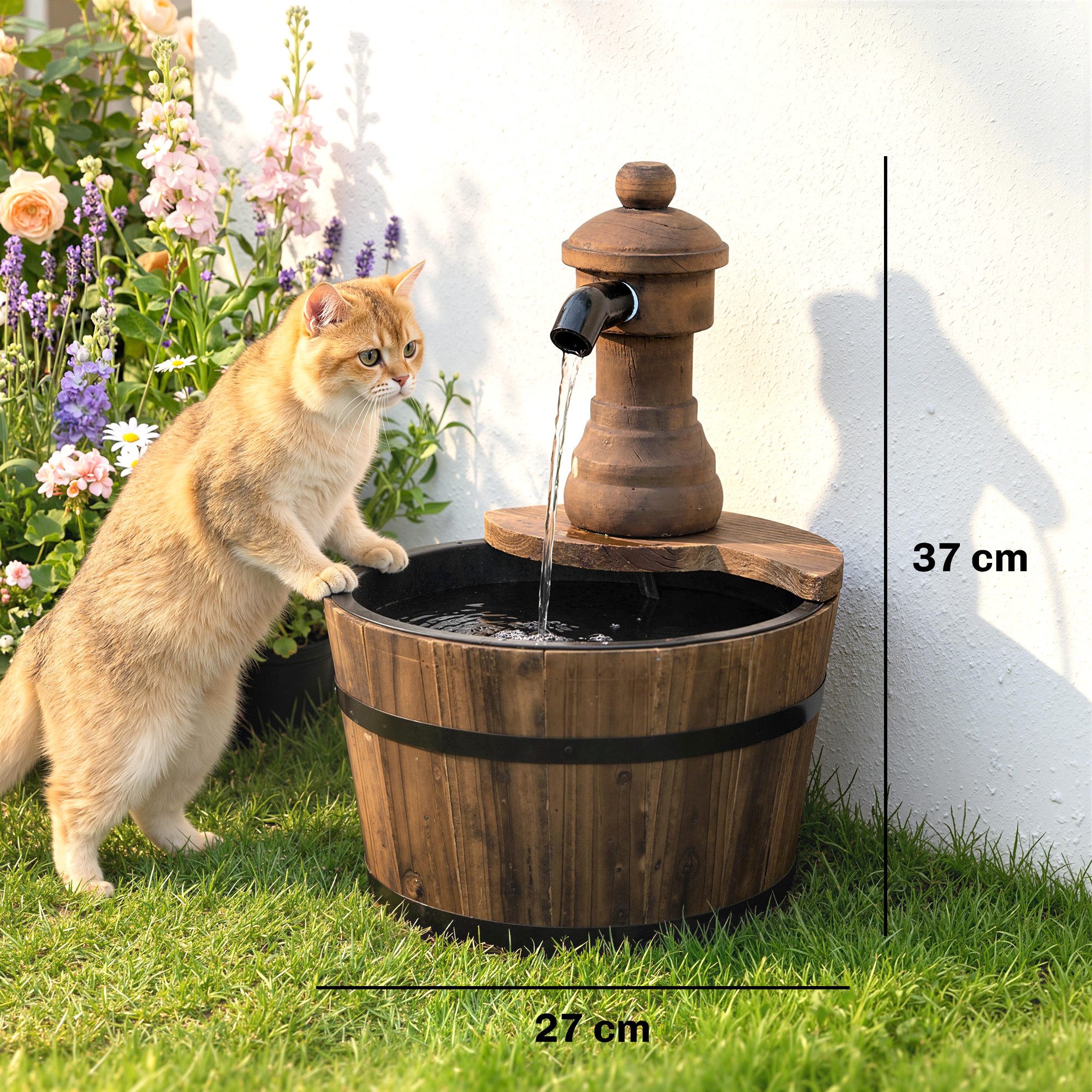 Outsunny Gartenbrunnen Fassbrunnen Wasserfall Holzeimer, 13 cm Breite, Wasserbecken BxT: 27x27 cm, (Springbrunnen, 1 tlg., Zierbrunnen), Tannenholz + Metall Naturholz Ø27 x 37 cm