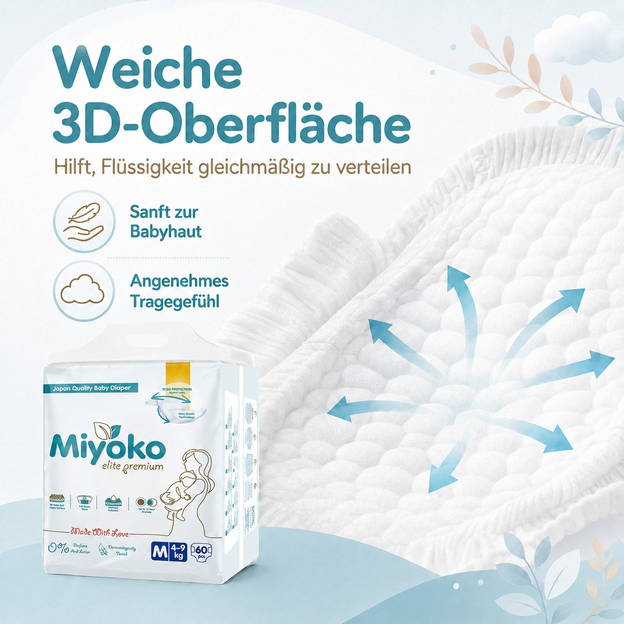 Preline Windeln Miyoko Elite Premium Babywindel, 3D extra weiche Oberfläche (Einzelpackung, 1er-Set, Größe S–XXL, 38–68 Stück je nach Größe), Nässeindikator, elastischer Bund, bis zu 12 Std. Trockenheit