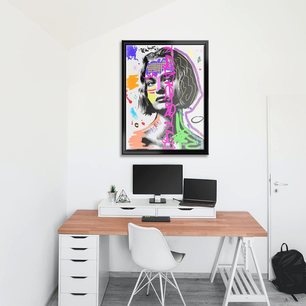 DOTCOMCANVAS® Leinwandbild, Graffiti Rahmen Rahmen Lady Pop Power mit Leinwandbild schwarzer premium weiß Art